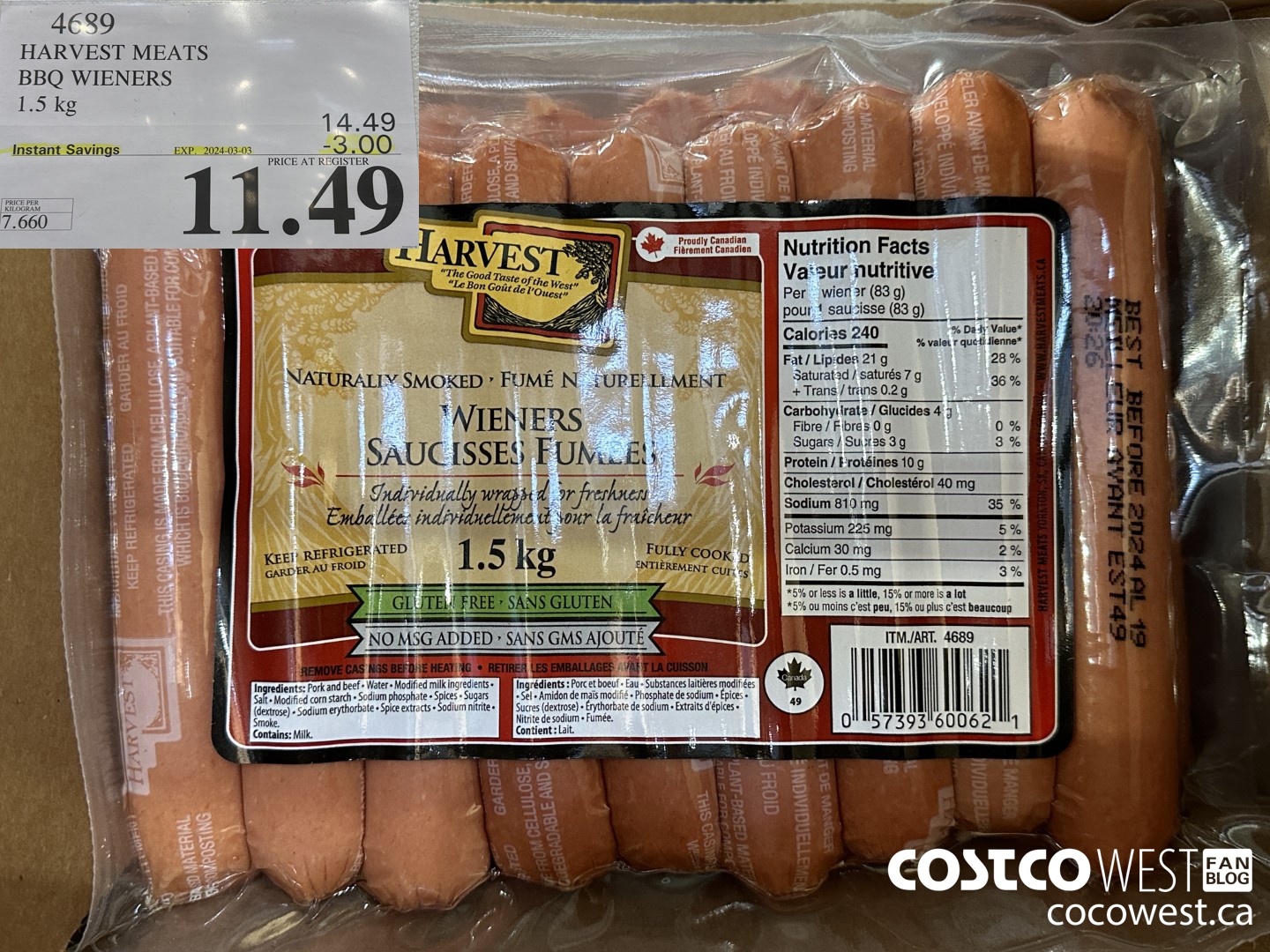 4689 HARVEST MEATS BBQ WIENERS 1.5 KG ($3.00 INSTANT SAVINGS EXPIRES ON 2024-03-03) $11.49