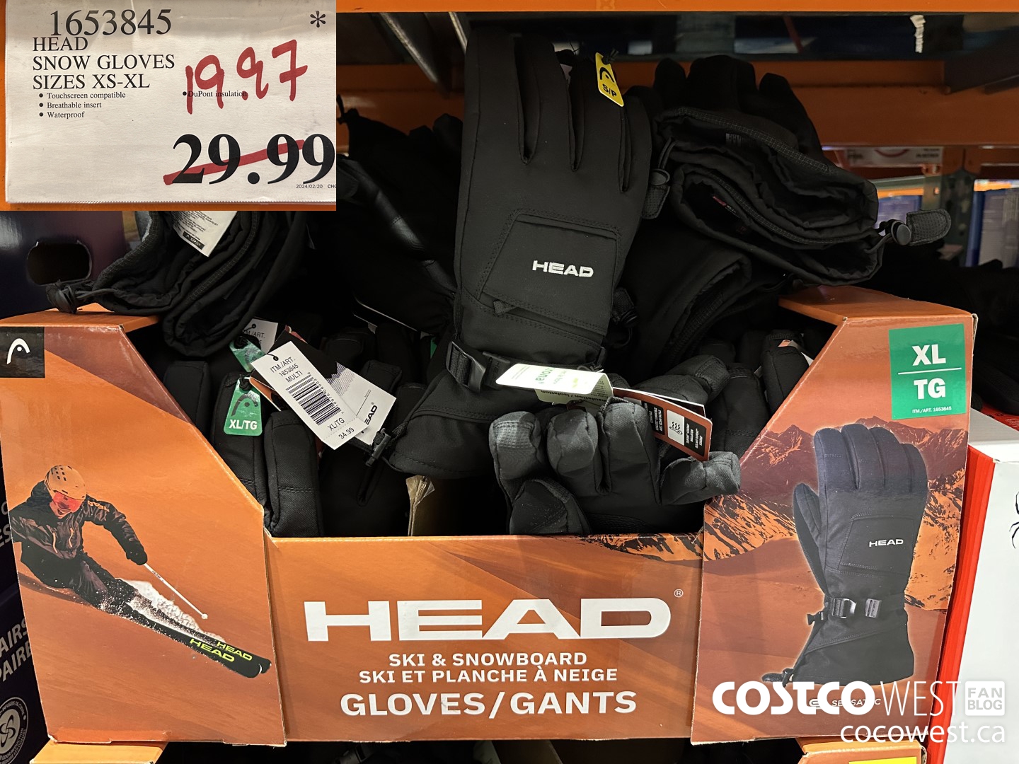 1653845 HEAD SNOW GLOVES SIZES XS-XL $19.97