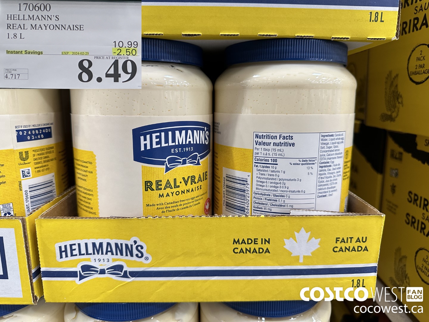 170600 HELLMANN'S REGULAR MAYONNAISE 1.8 L 2024-02-258 ($2.50 INSTANT SAVINGS EXPIRES ON 2024-02-25) $8.49