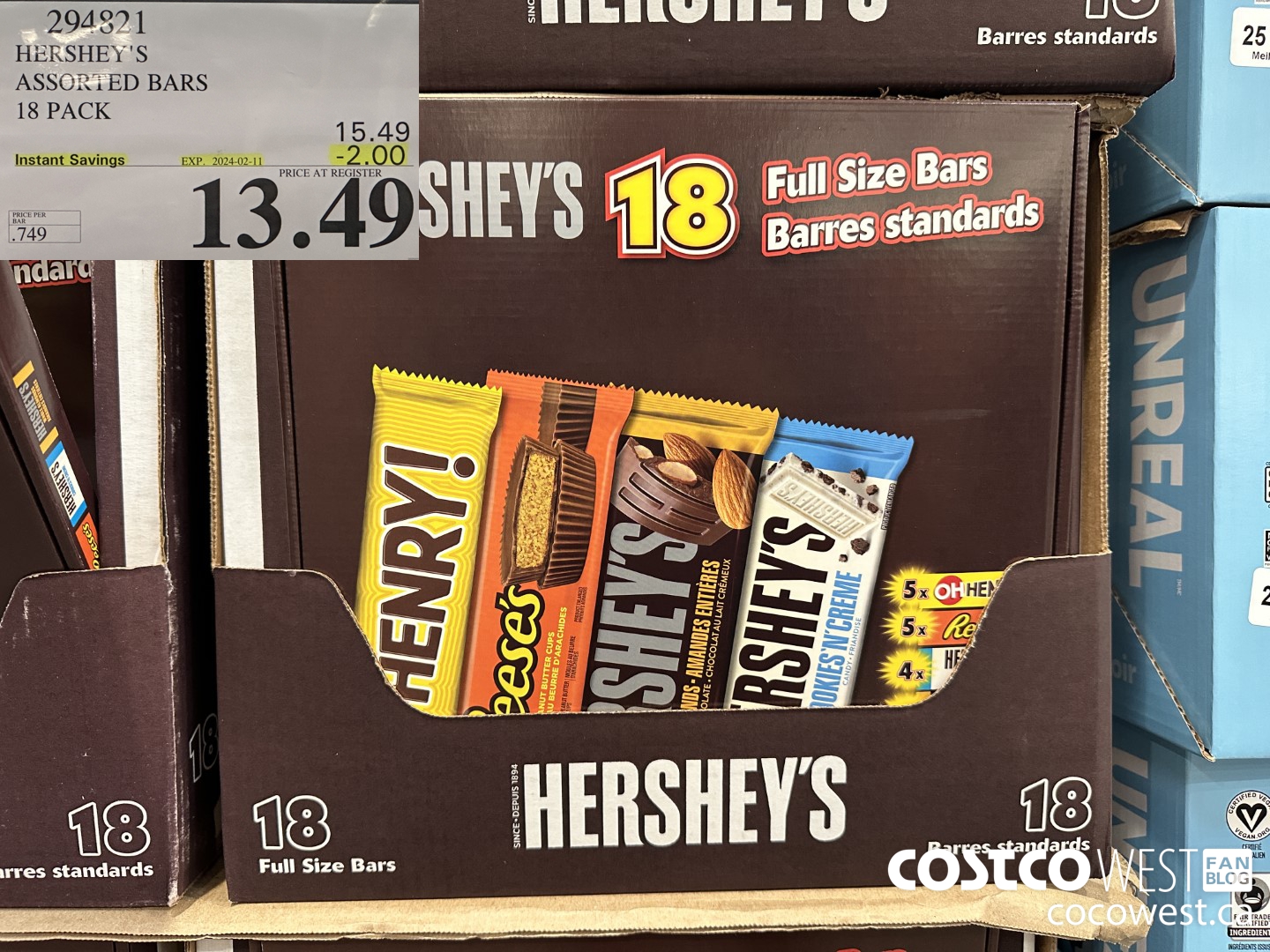 294821 HERSHEY'S ASSORTED BARS 18 PACK ($2.00 INSTANT SAVINGS EXPIRES ON 2024-02-11) $13.49