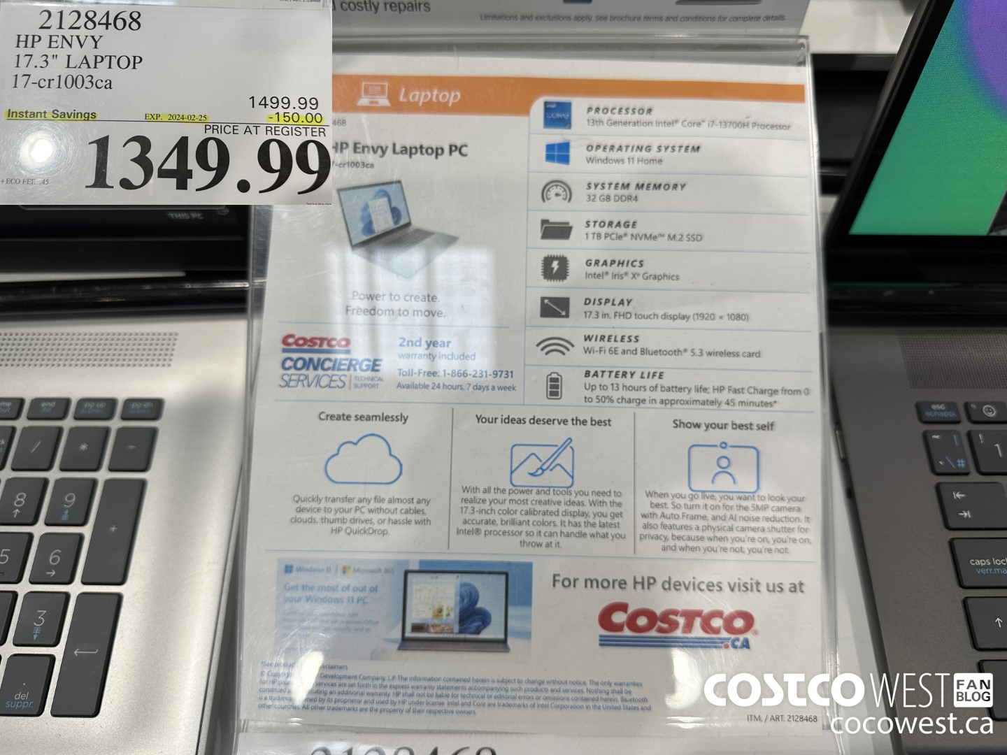 2128468 HP ENVY 17.3IN LAPTOP COMPUTER 17-CR1003CA ($150.00 INSTANT SAVINGS EXPIRES ON 2024-02-25) $1349.99