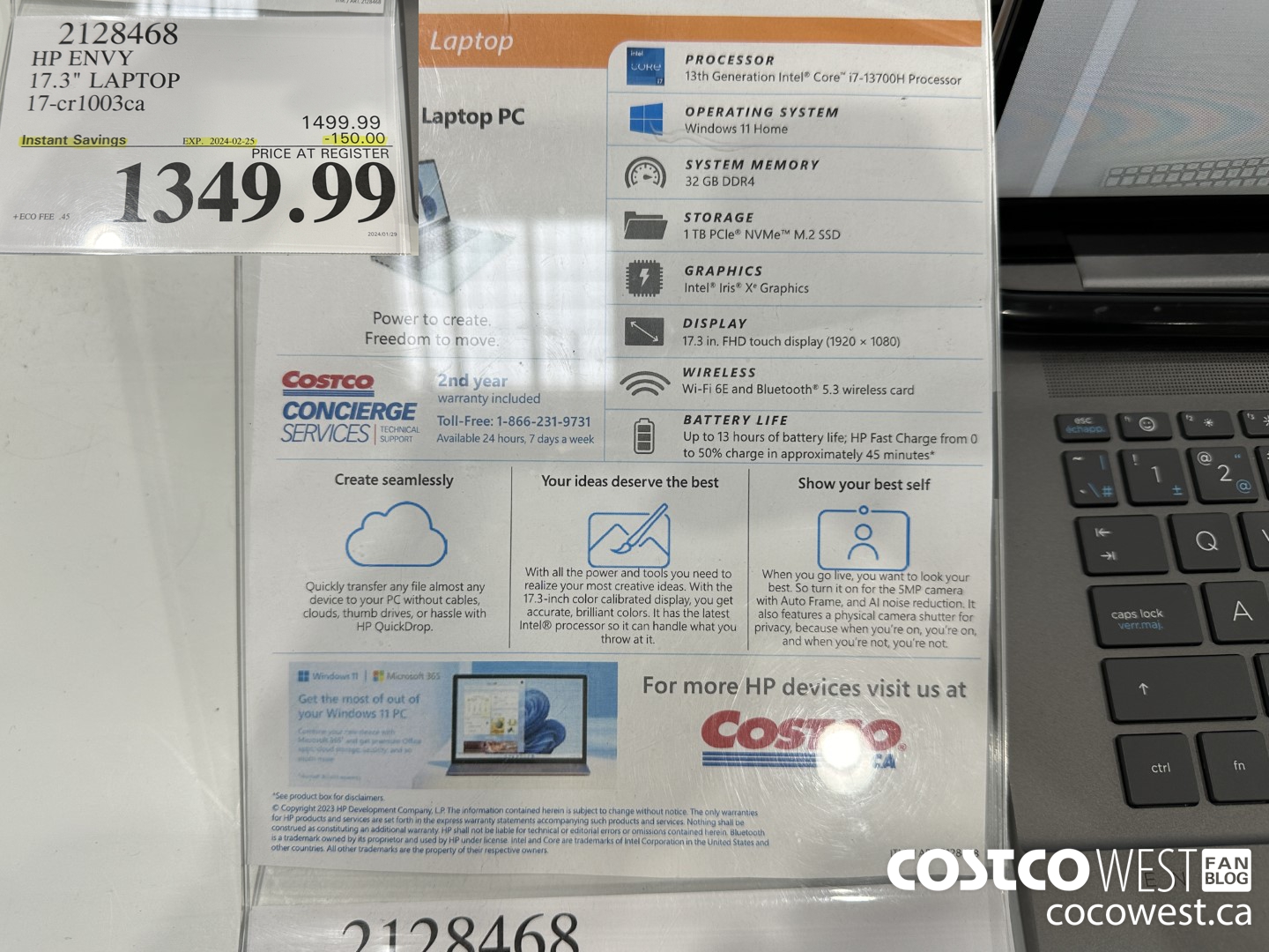 2128468 HP ENVY 17.3IN LAPTOP COMPUTER 17-CR1003CA ($150.00 INSTANT SAVINGS EXPIRES ON 2024-02-25) $1349.99