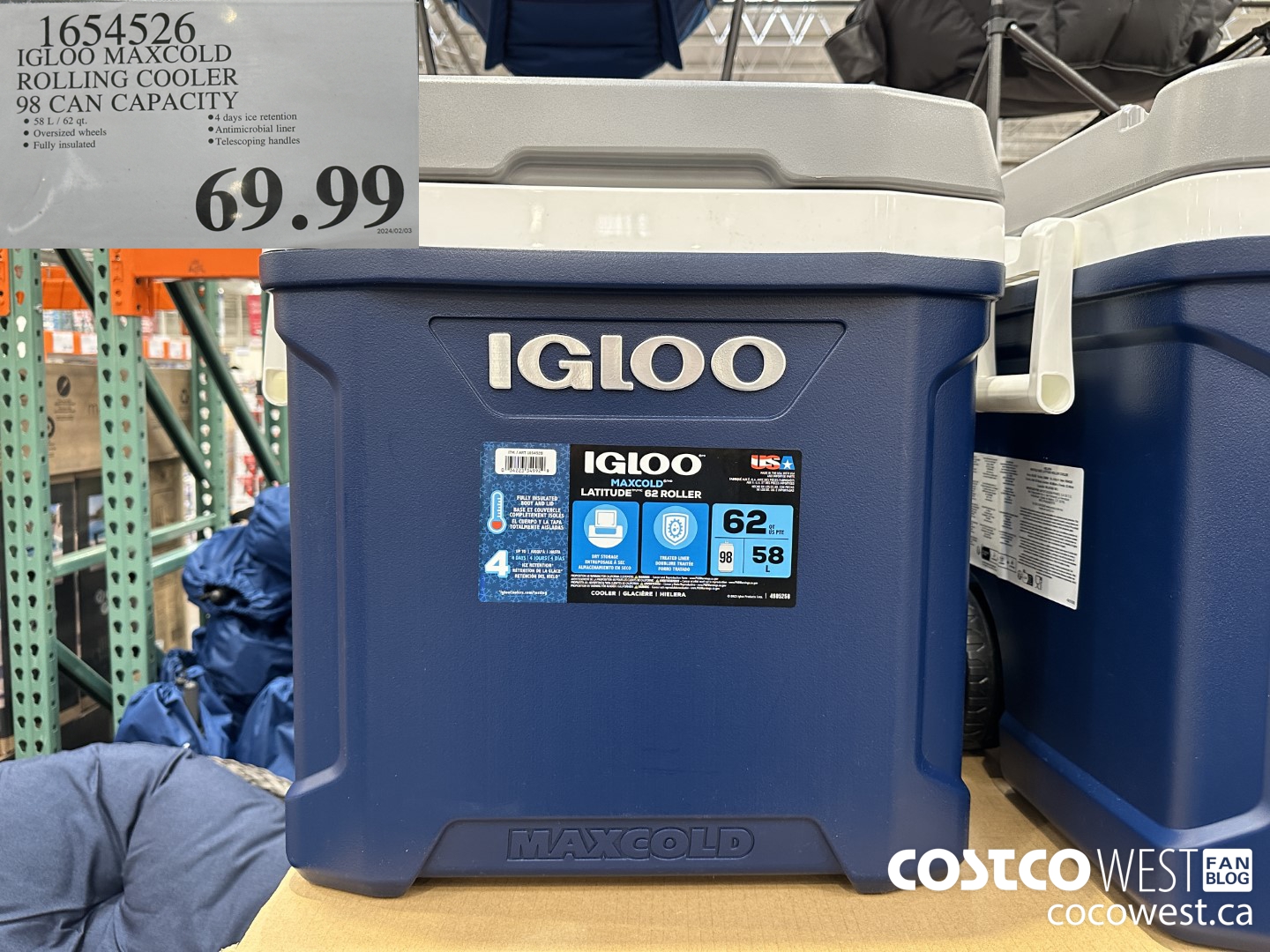 1654526 IGLOO MAXCOLD ROLLING COOLER 98 CAN CAPACITY $69.99