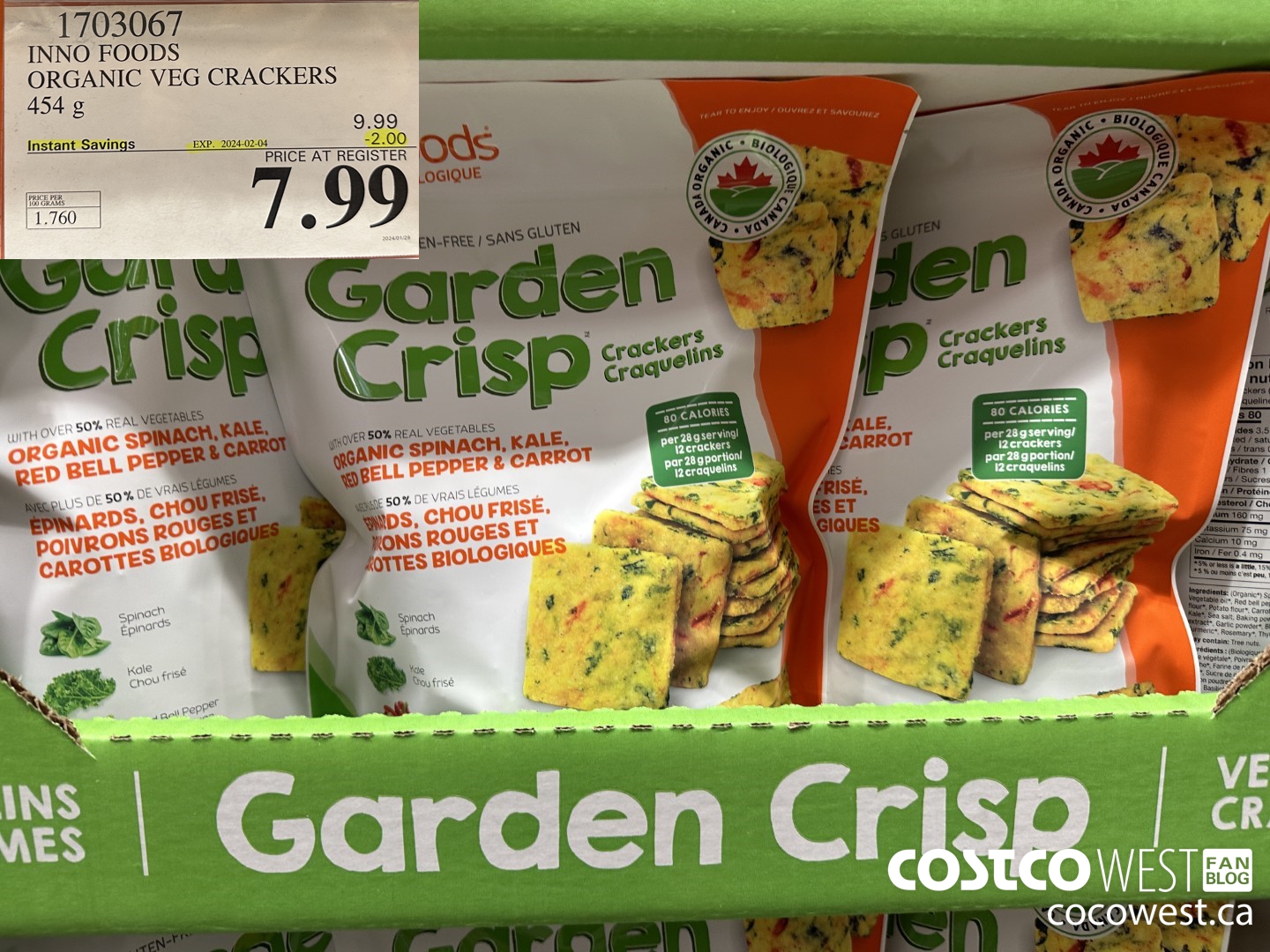 1703067 INNO FOODS ORGANIC VEG CRACKERS 454 G ($2.00 INSTANT SAVINGS EXPIRES ON 2024-02-04) $7.99