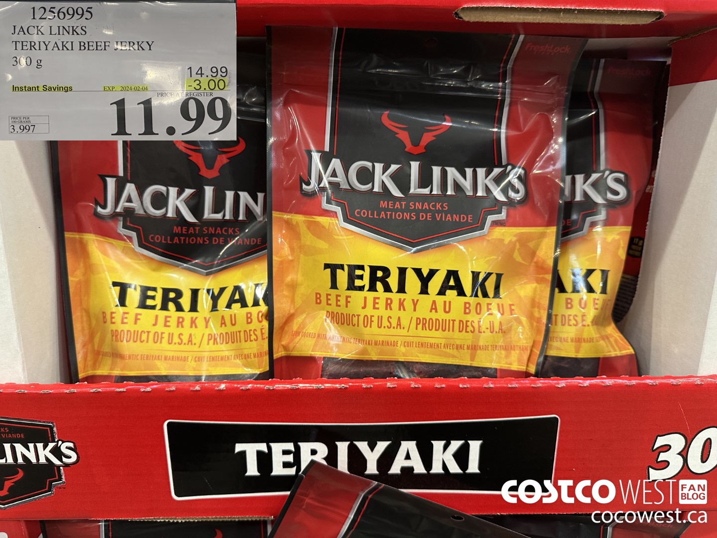 1256995 JACK LINKS TERIYAKI BEEF JERKY 300g ($3.00 INSTANT SAVINGS EXPIRES ON 2024-02-04) $11.99