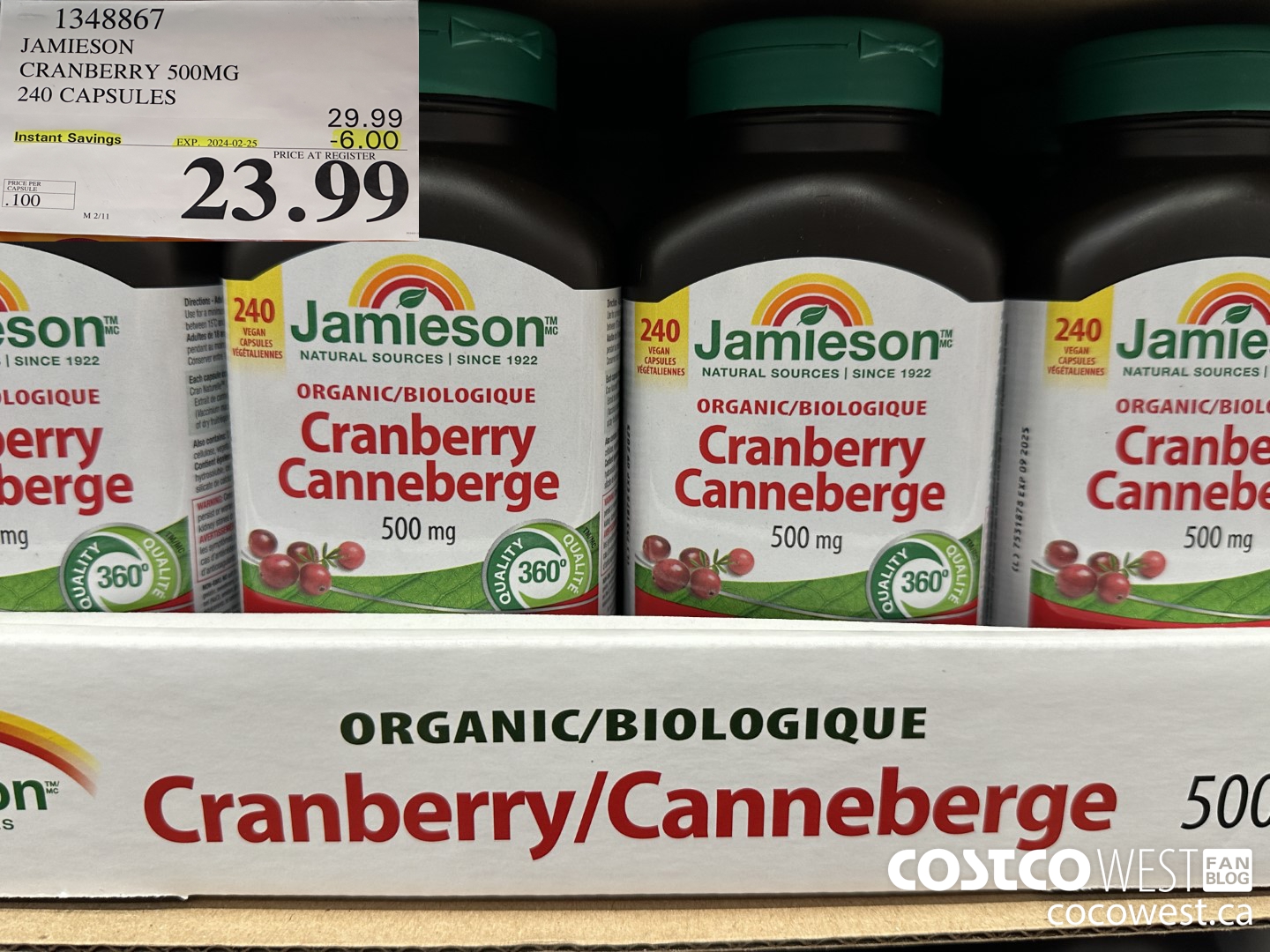 1348867 JAMIESON CRANBERRY 500MG 240 CAPSULES ($6.00 INSTANT SAVINGS EXPIRES ON 2024-02-25) $23.99