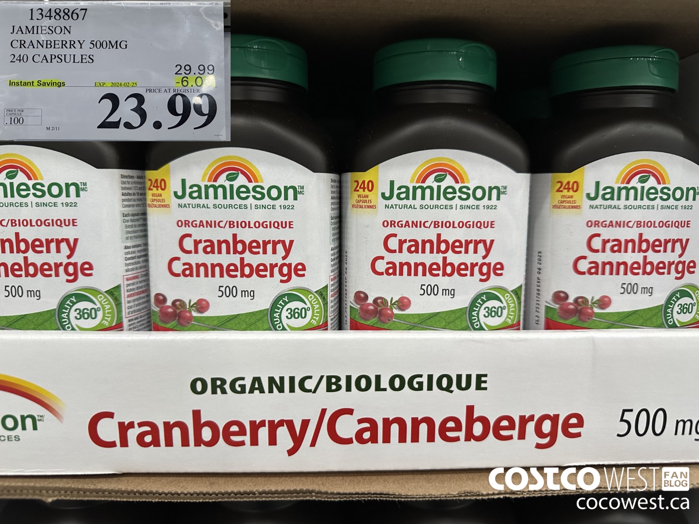1348867 JAMIESON CRANBERRY 500MG 240 CAPSULES ($6.00 INSTANT SAVINGS EXPIRES ON 2024-02-25) $23.99