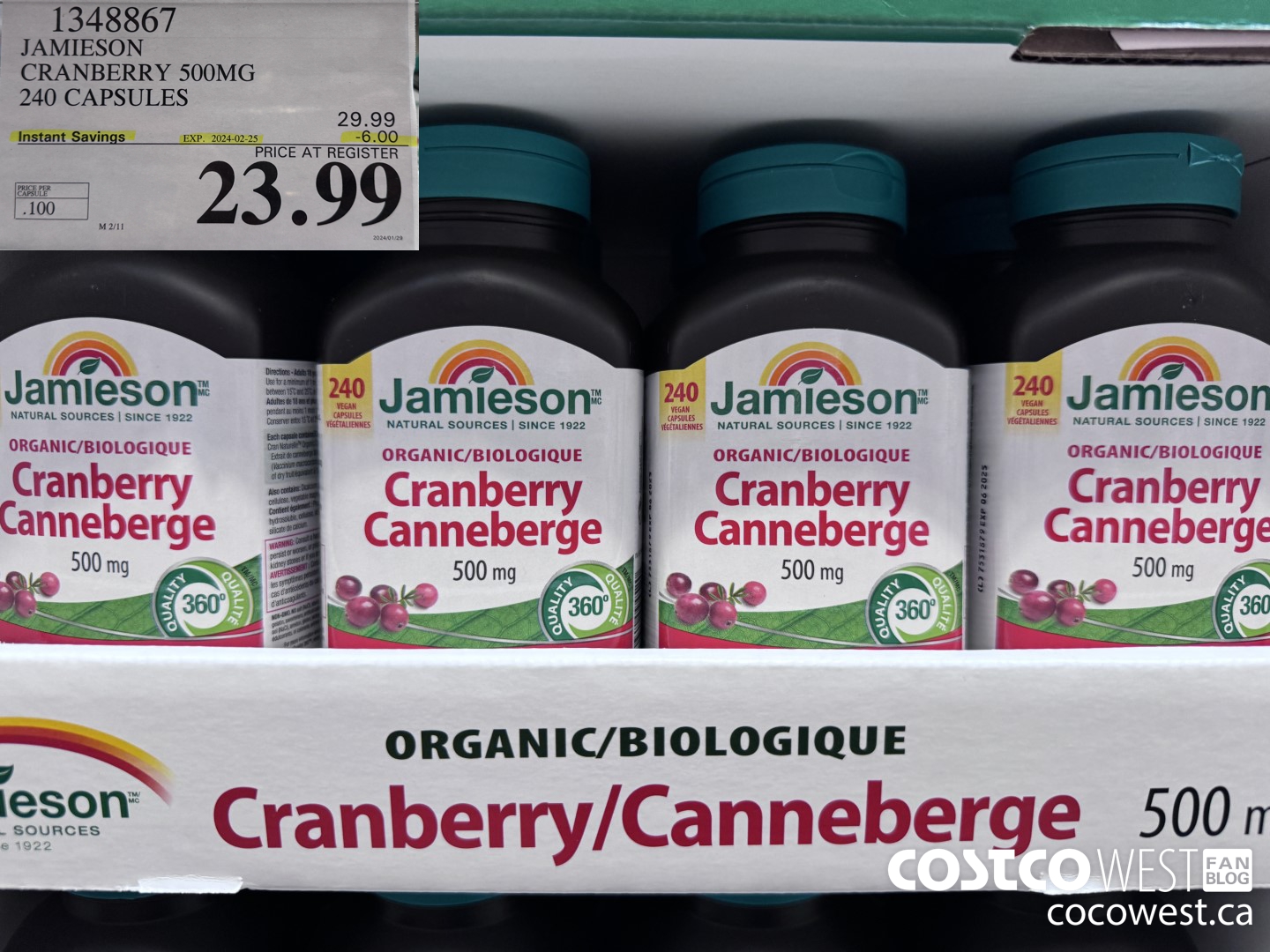 1348867 JAMIESON CRANBERRY 500MG 240 CAPSULES ($6.00 INSTANT SAVINGS EXPIRES ON 2024-02-25) $23.99