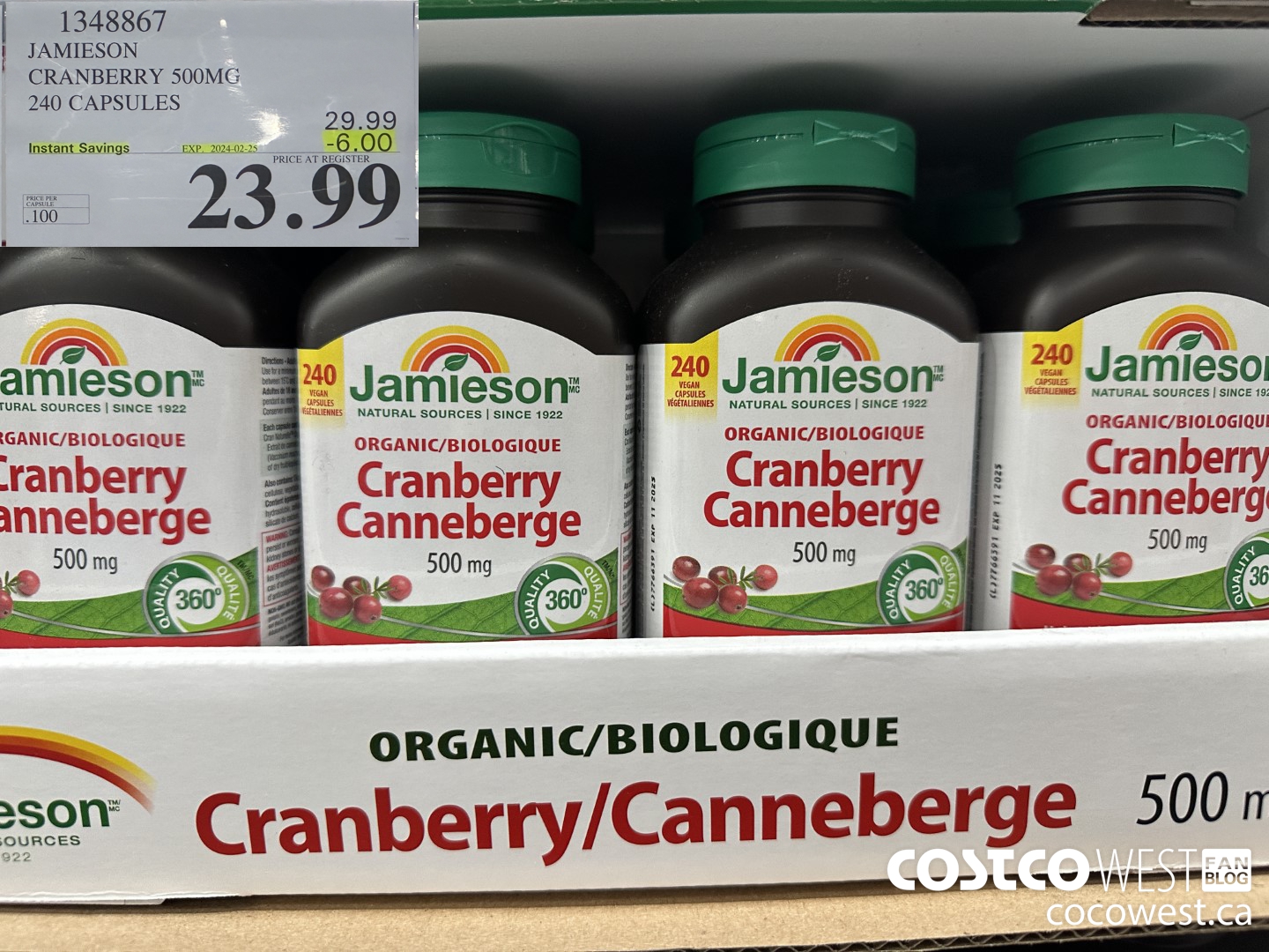 1348867 JAMIESON CRANBERRY 500MG 240 CAPSULES ($6.00 INSTANT SAVINGS EXPIRES ON 2024-02-25) $23.99