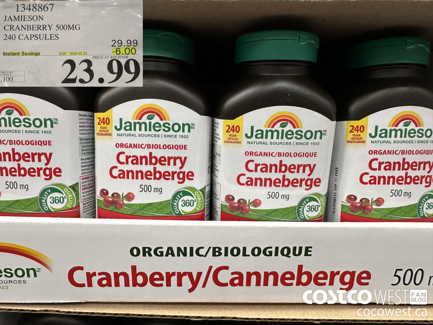 1348867 JAMIESON CRANBERRY 500MG 240 CAPSULES ($6.00 INSTANT SAVINGS EXPIRES ON 2024-02-25) $23.99