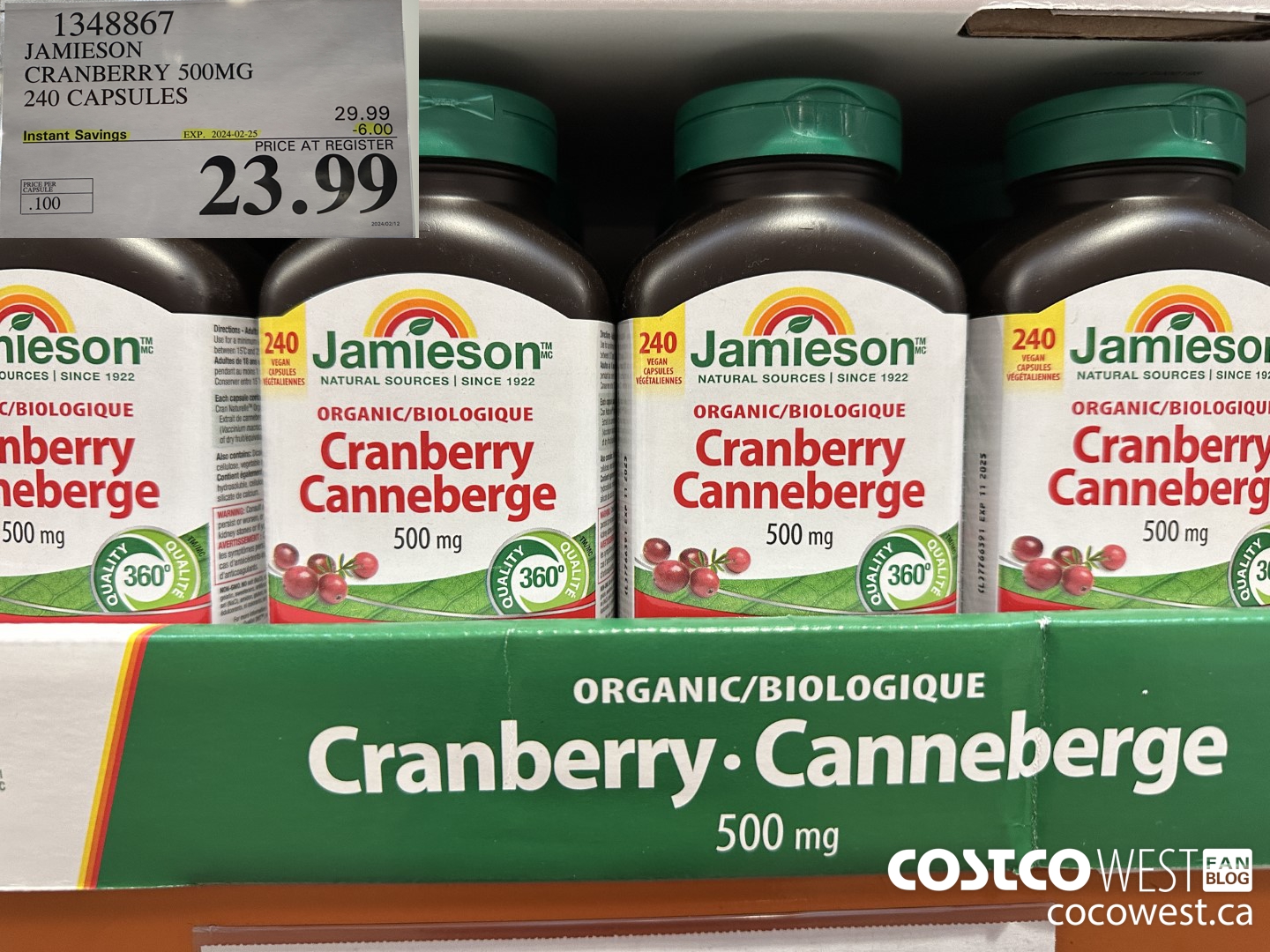 1348867 JAMIESON CRANBERRY 500MG 240 CAPSULES ($6.00 INSTANT SAVINGS EXPIRES ON 2024-02-25) $23.99