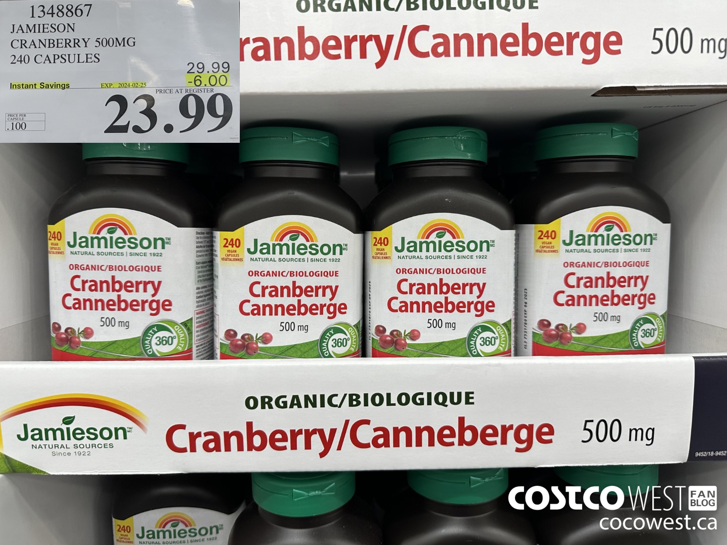 1348867 JAMIESON CRANBERRY 500MG 240 CAPSULES ($6.00 INSTANT SAVINGS EXPIRES ON 2024-02-25) $23.99