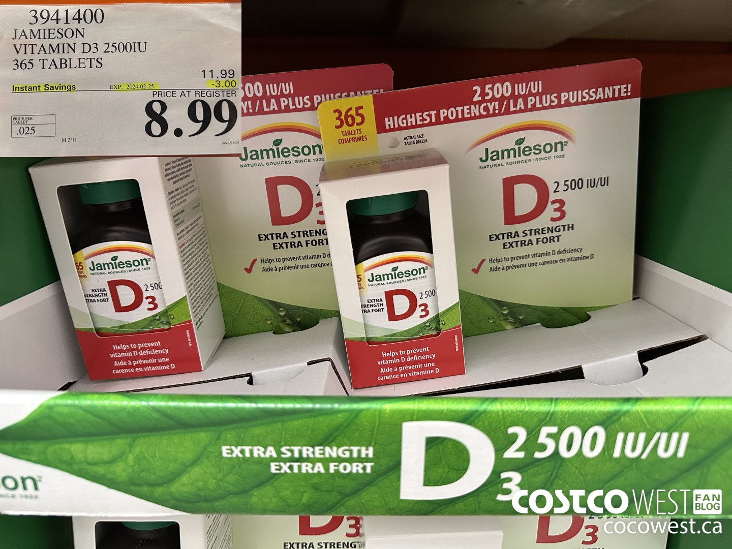 3941400 JAMIESON VITAMIN D3 2500IU 365 TABLETS ($3.00 INSTANT SAVINGS EXPIRES ON 2024-02-25) $8.99