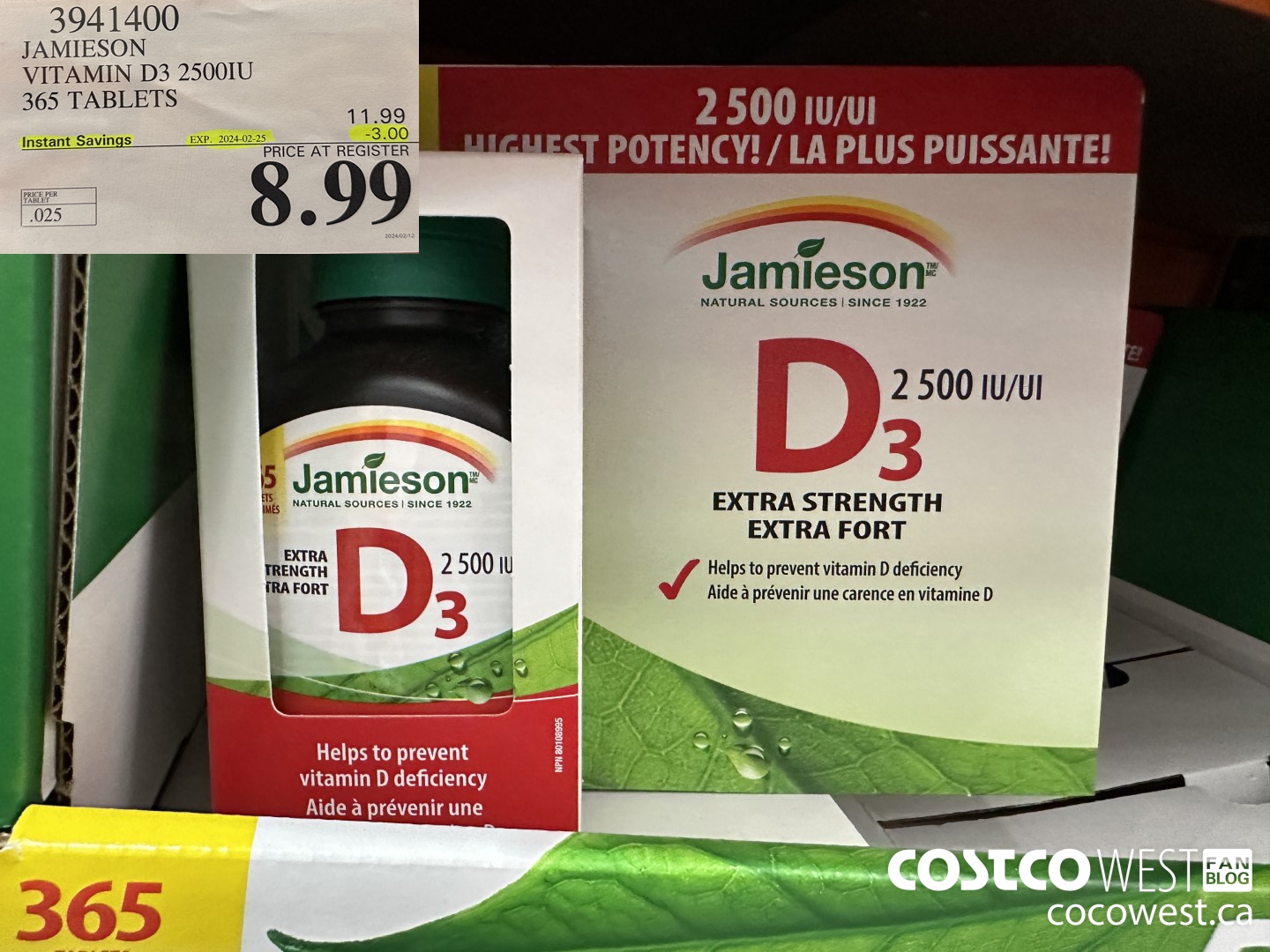 3941400 JAMIESON VITAMIN D3 2500IU 365 TABLETS ($3.00 INSTANT SAVINGS EXPIRES ON 2024-02-25) $8.99