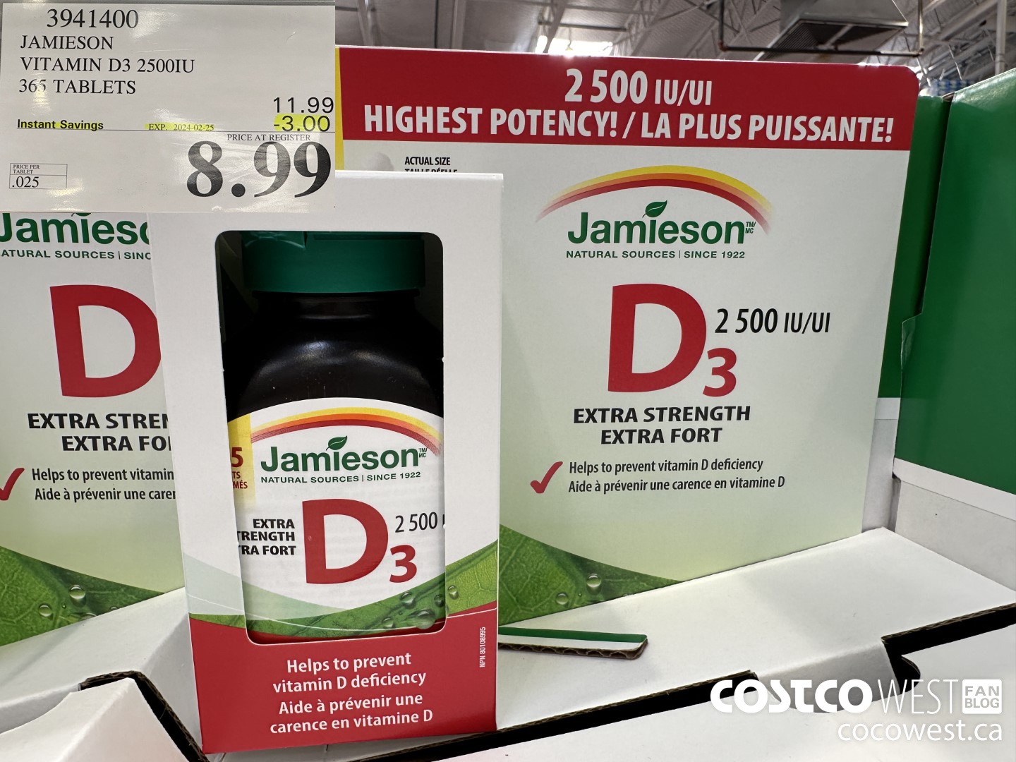 3941400 JAMIESON VITAMIN D3 2500IU 365 TABLETS ($3.00 INSTANT SAVINGS EXPIRES ON 2024-02-25) $8.99