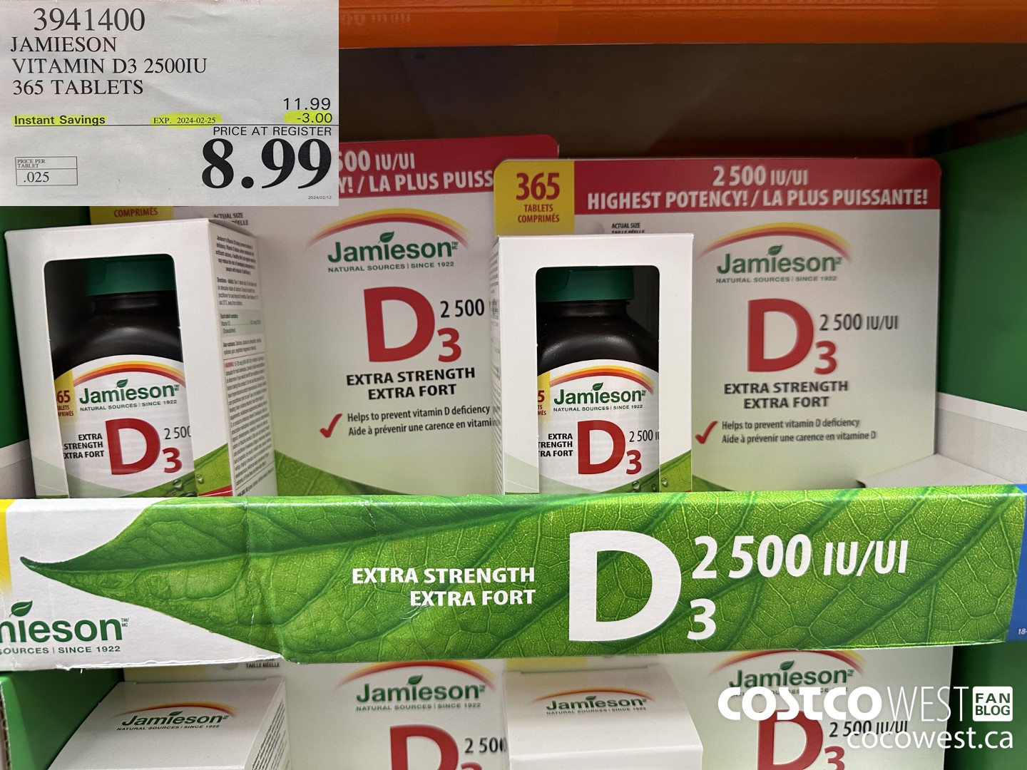 3941400 JAMIESON VITAMIN D3 2500IU 365 TABLETS ($3.00 INSTANT SAVINGS EXPIRES ON 2024-02-25) $8.99