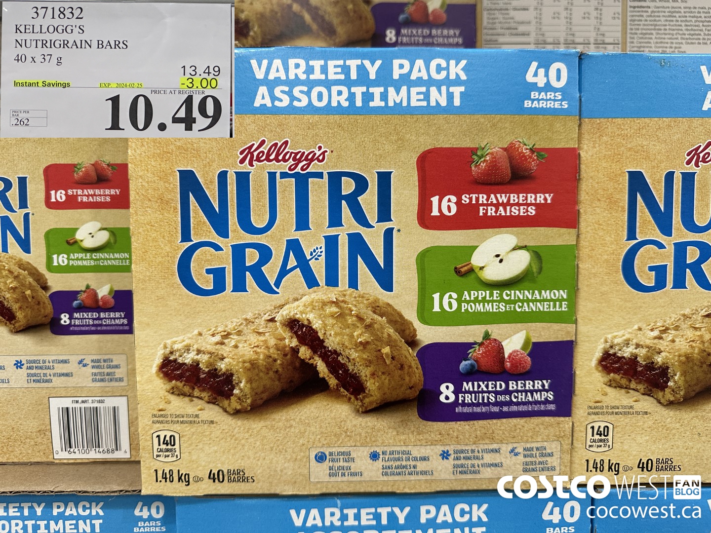371832 KELLOGG'S NUTRIGRAIN BARS 40 X 37 G ($3.00 INSTANT SAVINGS EXPIRES ON 2024-02-25) $10.49