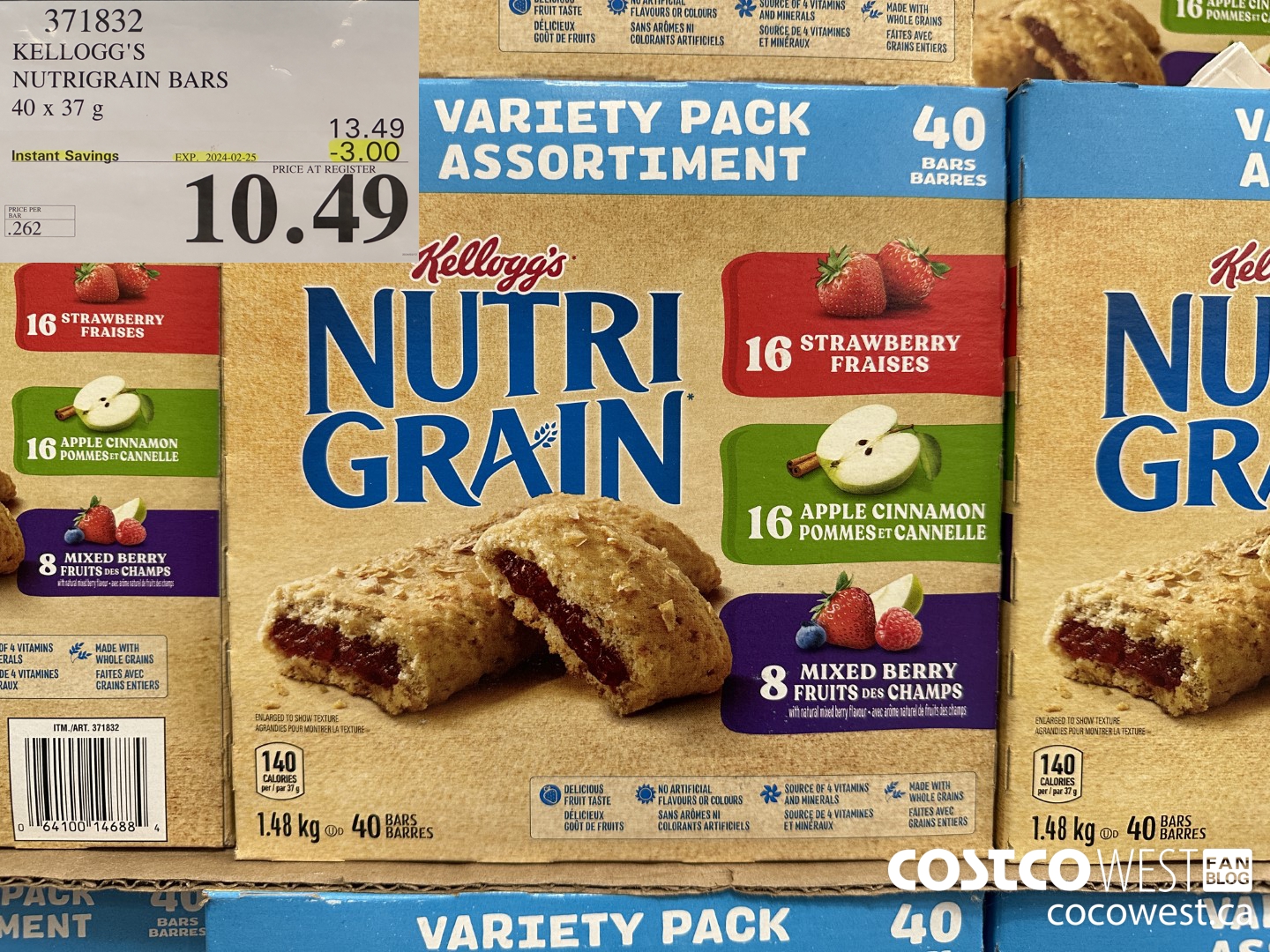 371832 KELLOGG'S NUTRIGRAIN BARS 40 X 37 G ($3.00 INSTANT SAVINGS EXPIRES ON 2024-02-25) $10.49