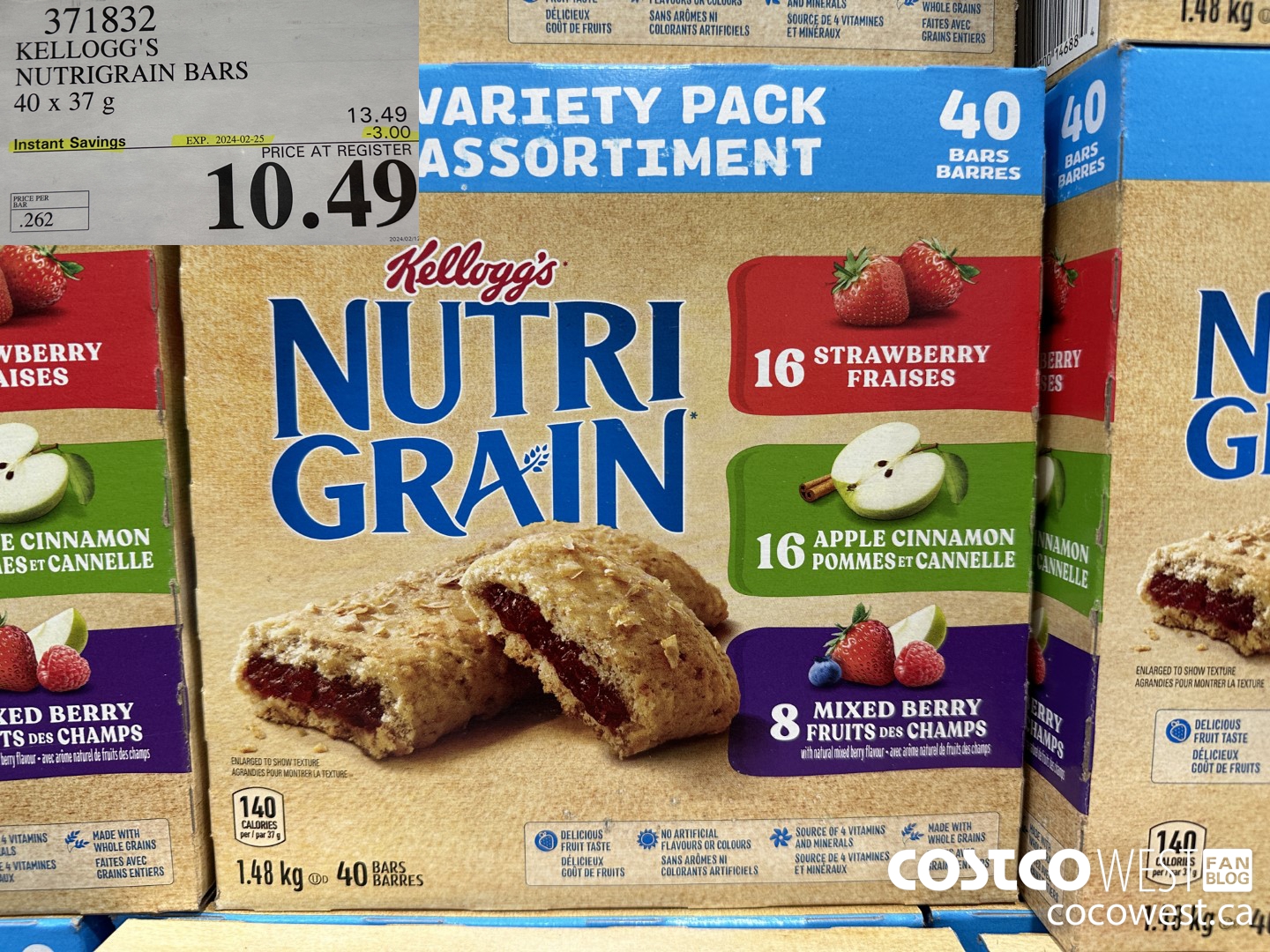 371832 KELLOGG'S NUTRIGRAIN BARS 40 X 37 G ($3.00 INSTANT SAVINGS EXPIRES ON 2024-02-25) $10.49
