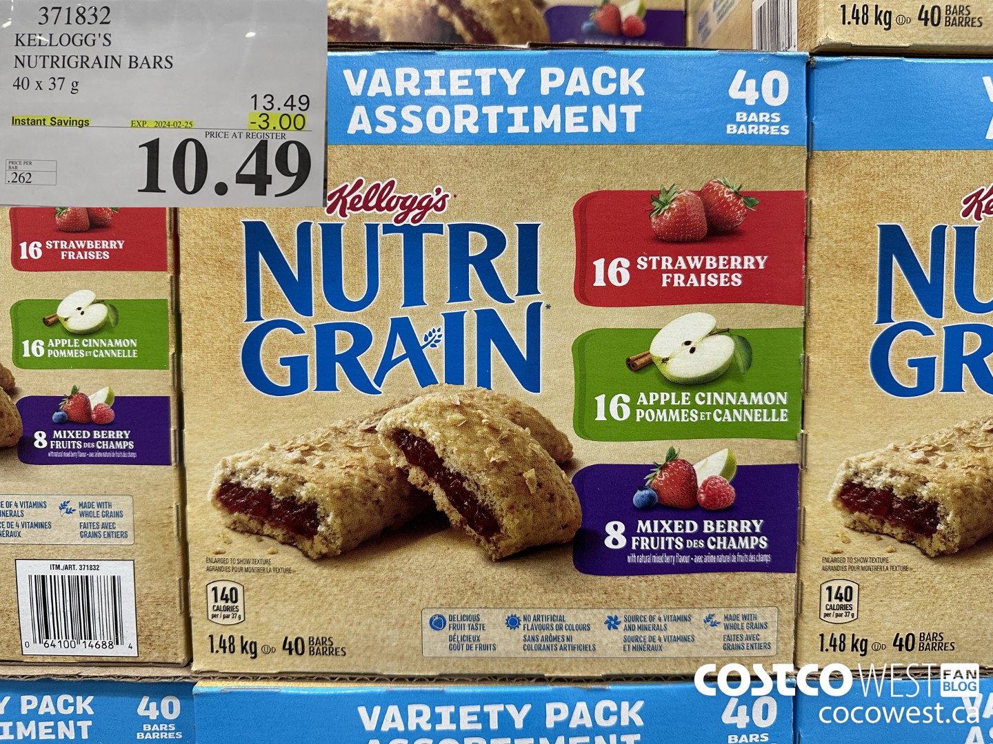 371832 KELLOGG'S NUTRIGRAIN BARS 40 X 37 G ($3.00 INSTANT SAVINGS EXPIRES ON 2024-02-25) $10.49