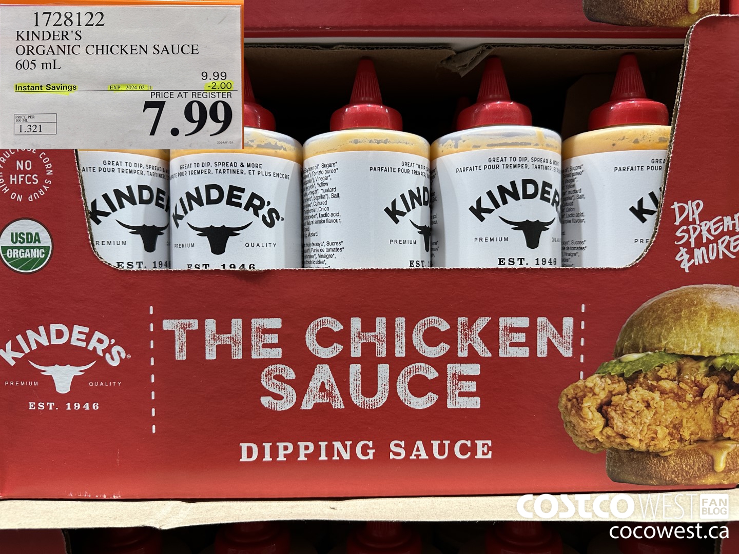 1728122 KINDER'S ORGANIC CHICKEN SAUCE 605 ML ($2.00 INSTANT SAVINGS EXPIRES ON 2024-02-11) $7.99