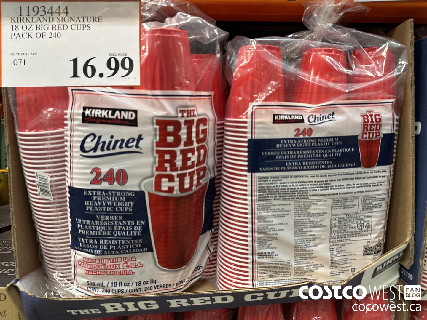 1193444 KIRKLAND SIGNATURE 18 OZ BIG RED CUPS PACK OF 240 $16.99