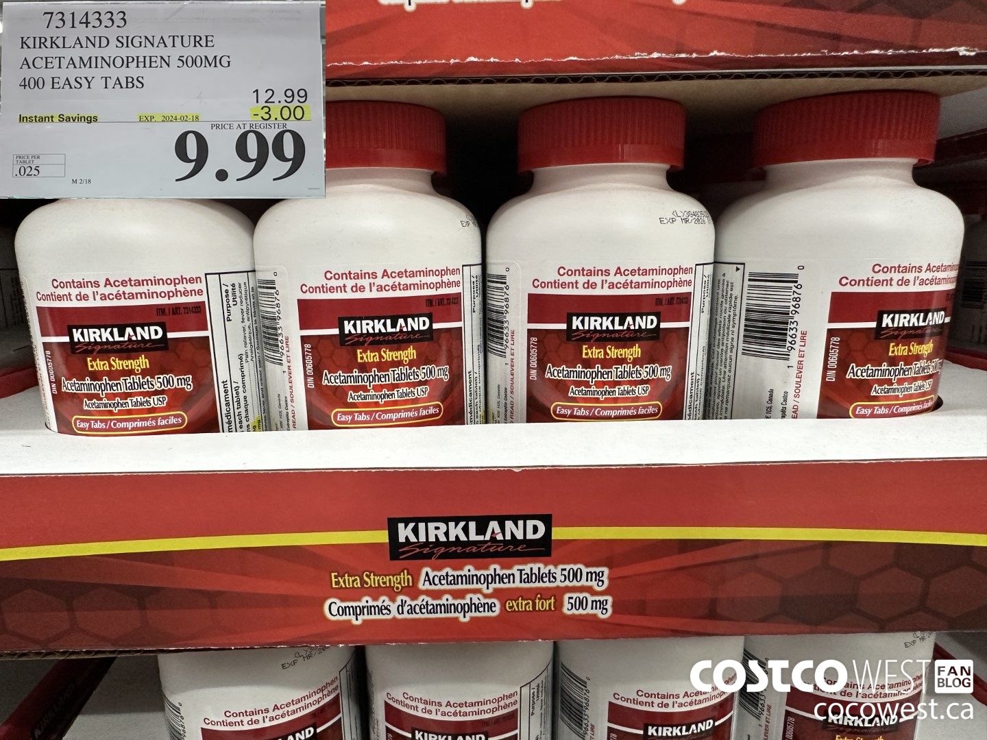 7314333 KIRKLAND SIGNATURE ACETAMINOPHEN 500MG 400 EASY TABS ($3.00 INSTANT SAVINGS EXPIRES ON 2024-02-18) $9.99