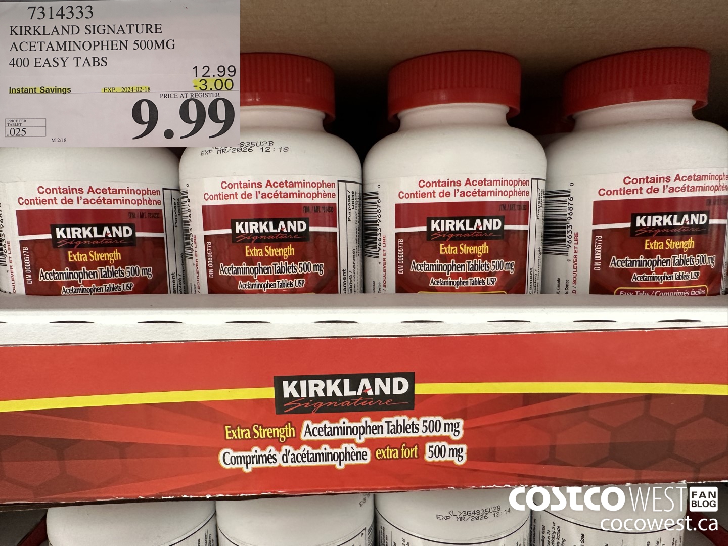 7314333 KIRKLAND SIGNATURE ACETAMINOPHEN 500MG 400 EASY TABS ($3.00 INSTANT SAVINGS EXPIRES ON 2024-02-18) $9.99