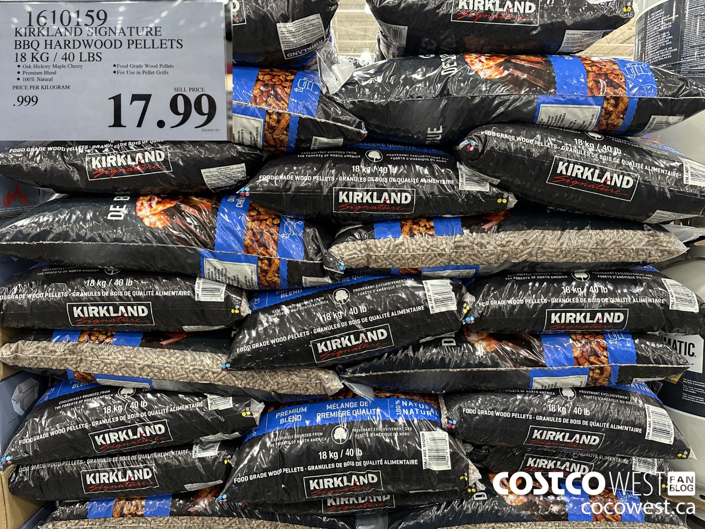 1610159 KIRKLAND SIGNATURE BBQ HARDWOOD PELLETS 18 KG / 40 LBS $17.99