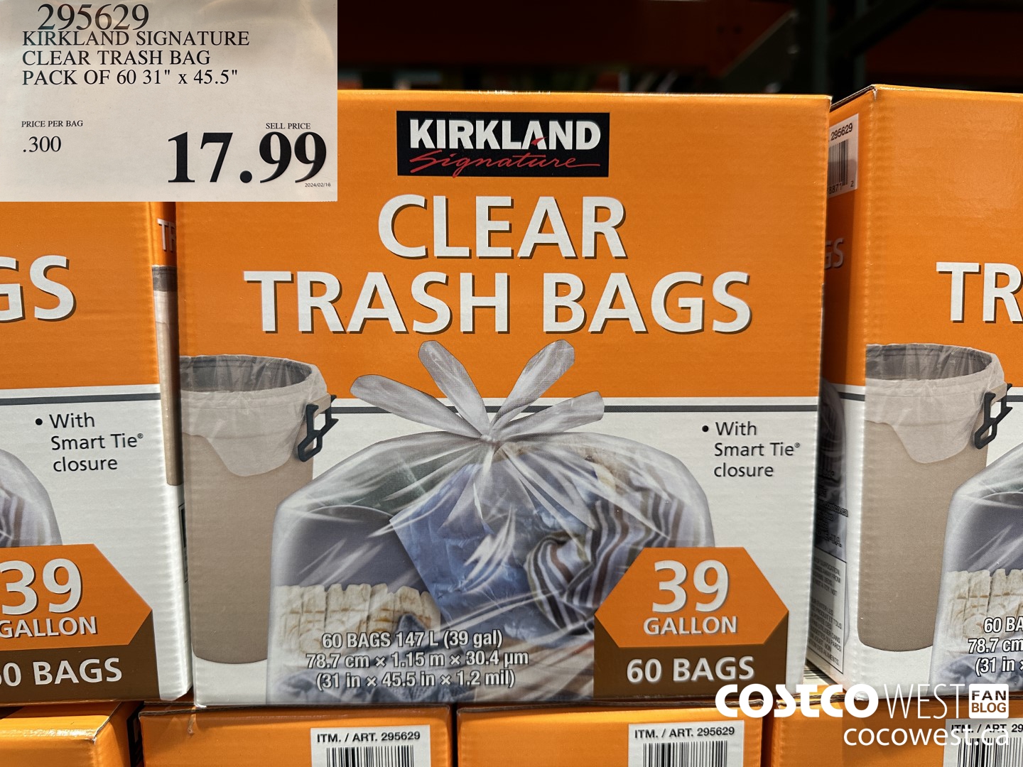 295629 KIRKLAND SIGNATURE CLEAR TRASH BAG PACK OF 60 31