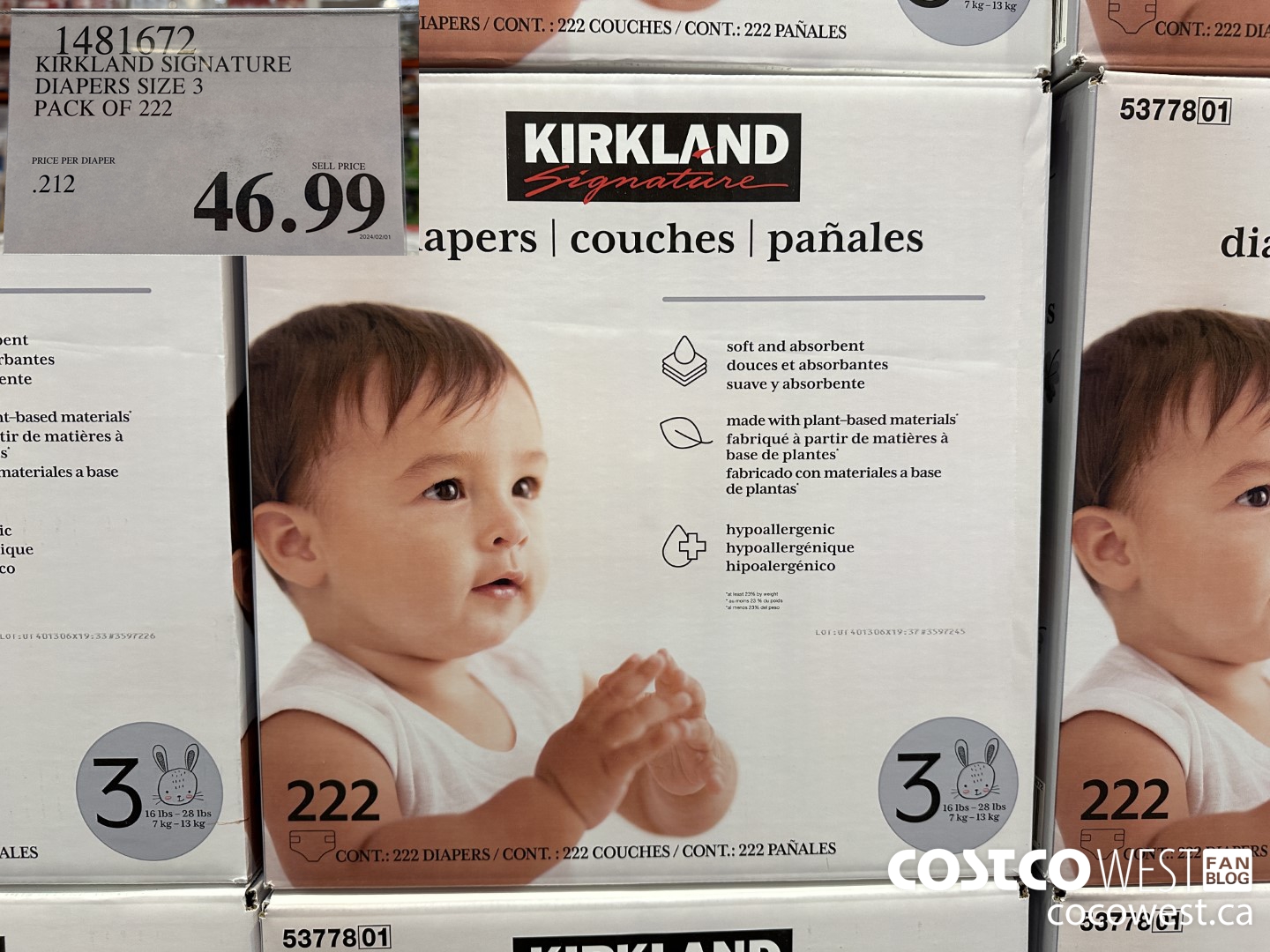 1481672 KIRKLAND SIGNATURE DIAPERS SIZE 3 PACK OF 222 $46.99