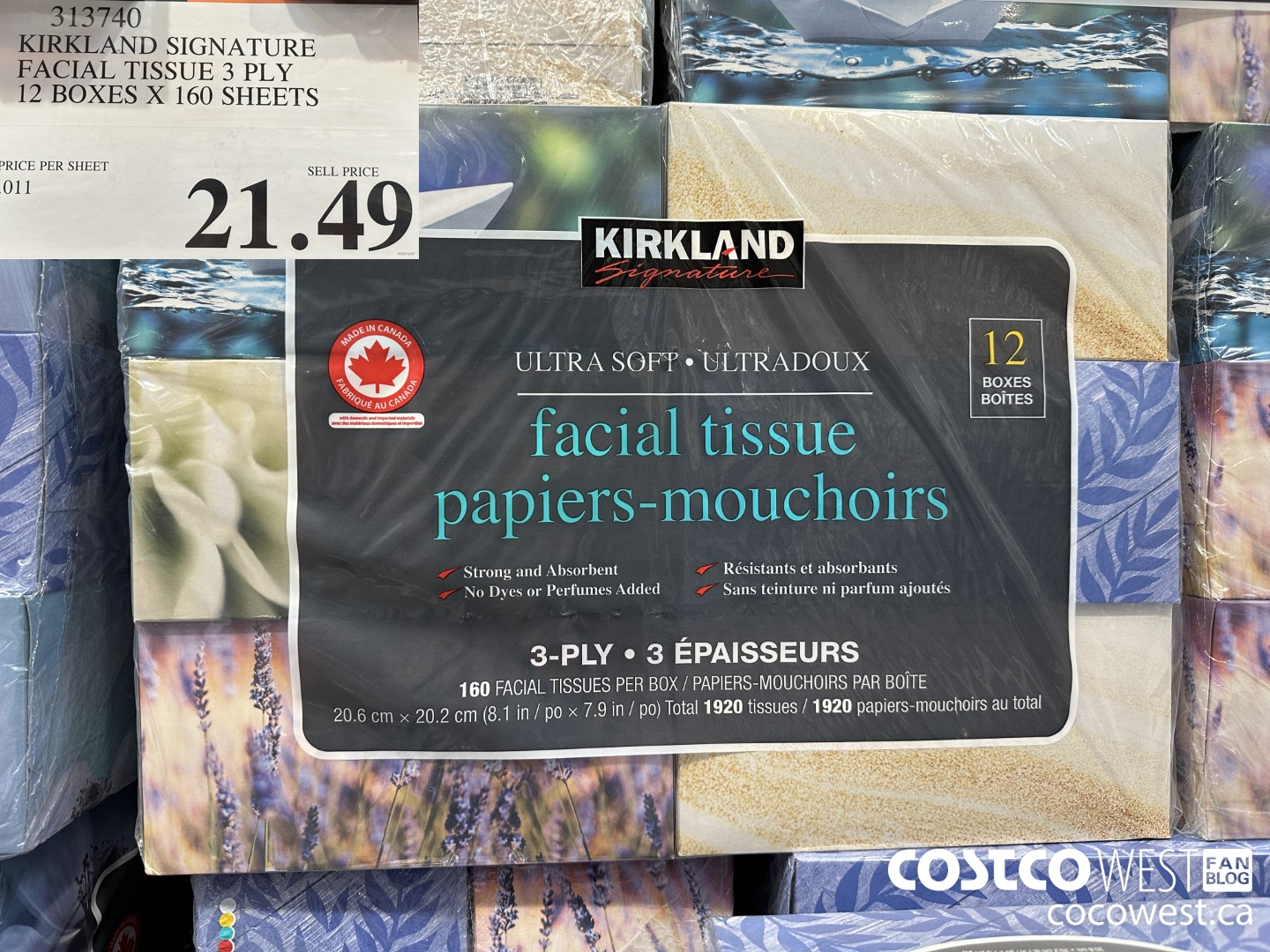 313740 KIRKLAND SIGNATURE FACIAL TISSUE 3 PLY 12 BOXES X 160 SHEETS $21.49