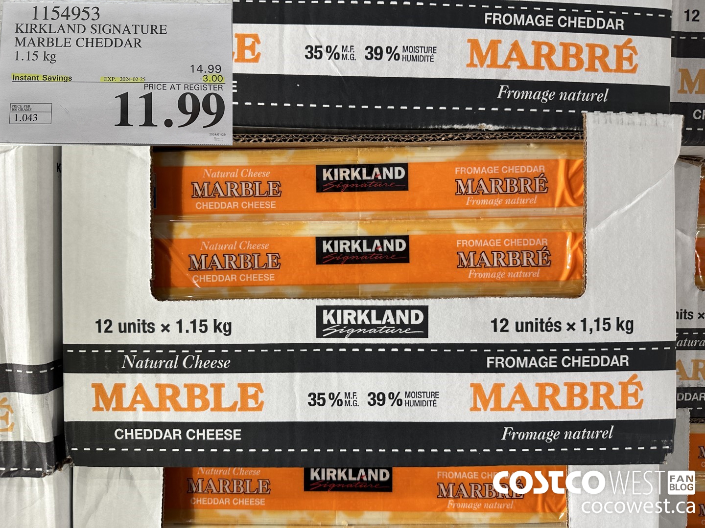 1154953 KIRKLAND SIGNATURE MARBLE CHEDDAR 1.15 KG ($3.00 INSTANT SAVINGS EXPIRES ON 2024-02-25) $11.99