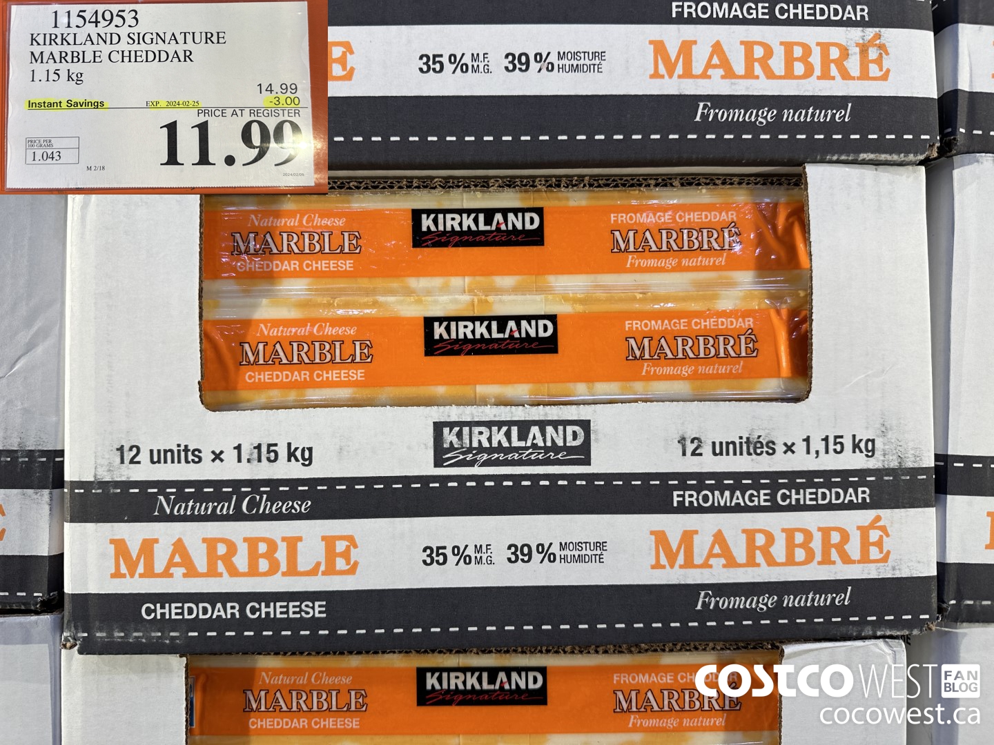 1154953 KIRKLAND SIGNATURE MARBLE CHEDDAR 1.15 KG ($3.00 INSTANT SAVINGS EXPIRES ON 2024-02-25) $11.99