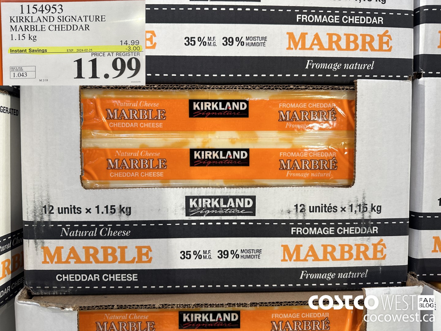 1154953 KIRKLAND SIGNATURE MARBLE CHEDDAR 1.15 KG ($3.00 INSTANT SAVINGS EXPIRES ON 2024-02-25) $11.99