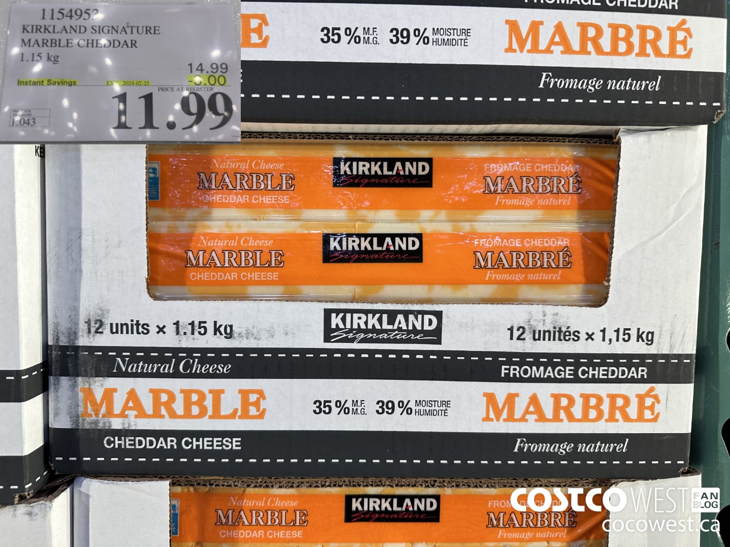 1154953 KIRKLAND SIGNATURE MARBLE CHEDDAR 1.15 KG ($3.00 INSTANT SAVINGS EXPIRES ON 2024-02-25) $11.99