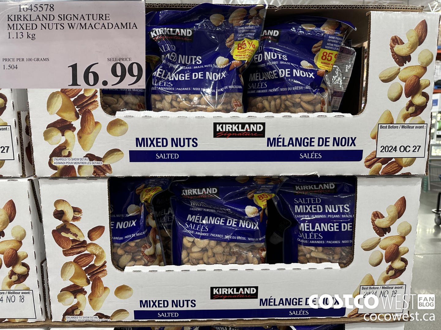 1645578 KIRKLAND SIGNATURE MIXED NUTS W/MACADAMIA 1.13KG $16.99