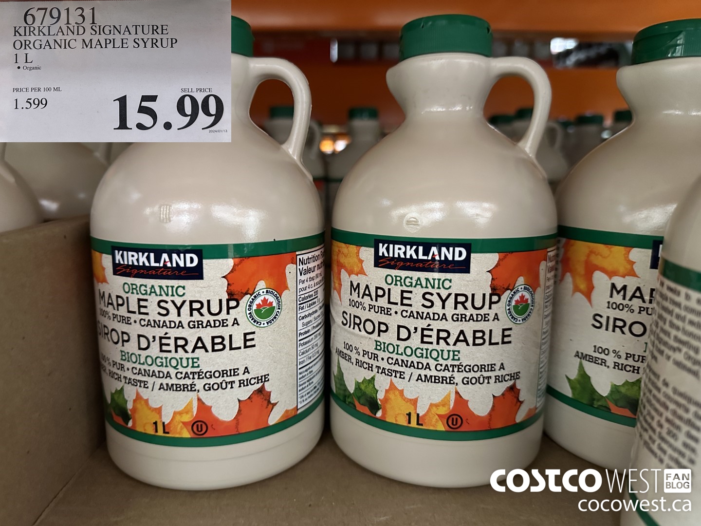 679131 KIRKLAND SIGNATURE ORGANIC MAPLE SYRUP 1L $15.99