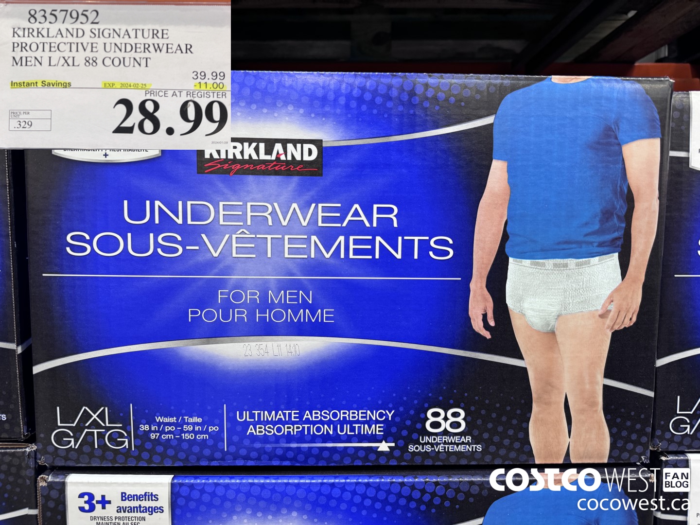 8357952 KIRKLAND SIGNATURE PROTECTIVE UNDERWEAR MEN L/XL 88 COUNT ($11.00 INSTANT SAVINGS EXPIRES ON 2024-02-25) $28.99
