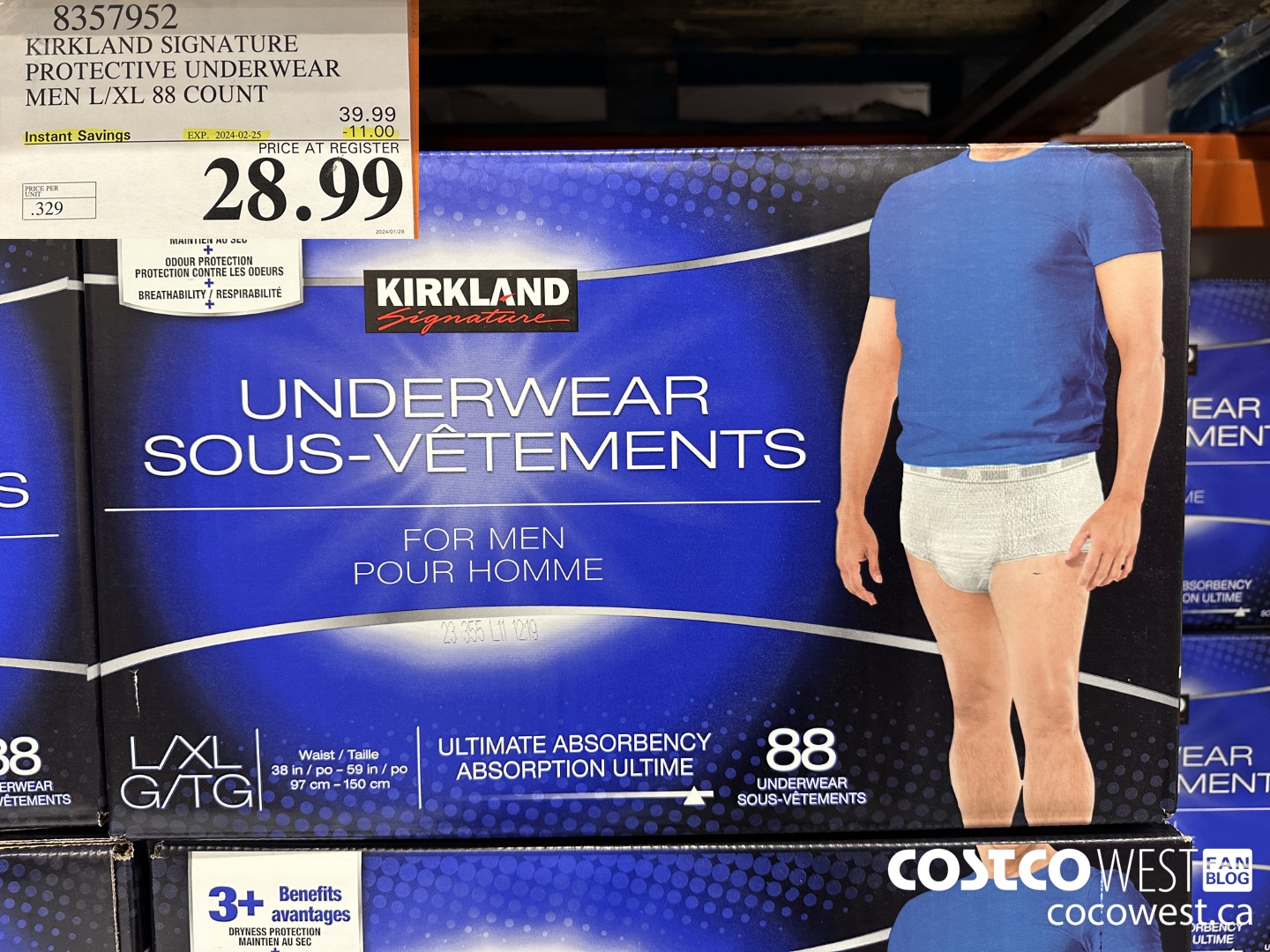 8357952 KIRKLAND SIGNATURE PROTECTIVE UNDERWEAR MEN L/XL 88 COUNT ($11.00 INSTANT SAVINGS EXPIRES ON 2024-02-25) $28.99