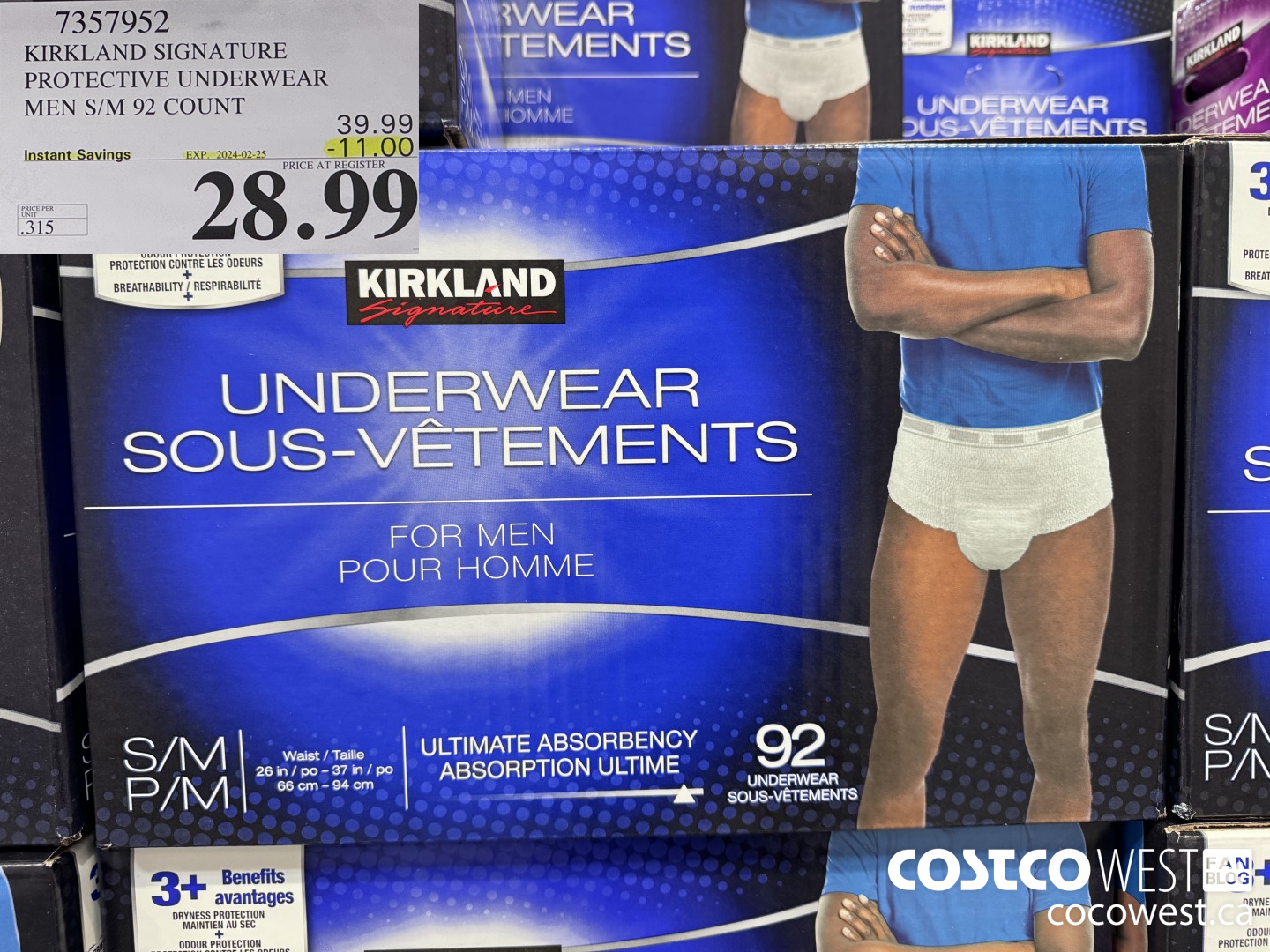 7357952 KIRKLAND SIGNATURE PROTECTIVE UNDERWEAR MEN S/M 92 COUNT ($11.00 INSTANT SAVINGS EXPIRES ON 2024-02-25) $28.99