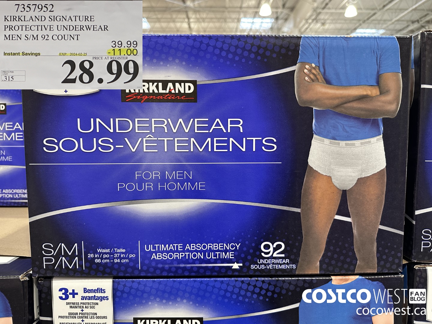 7357952 KIRKLAND SIGNATURE PROTECTIVE UNDERWEAR MEN S/M 92 COUNT ($11.00 INSTANT SAVINGS EXPIRES ON 2024-02-25) $28.99