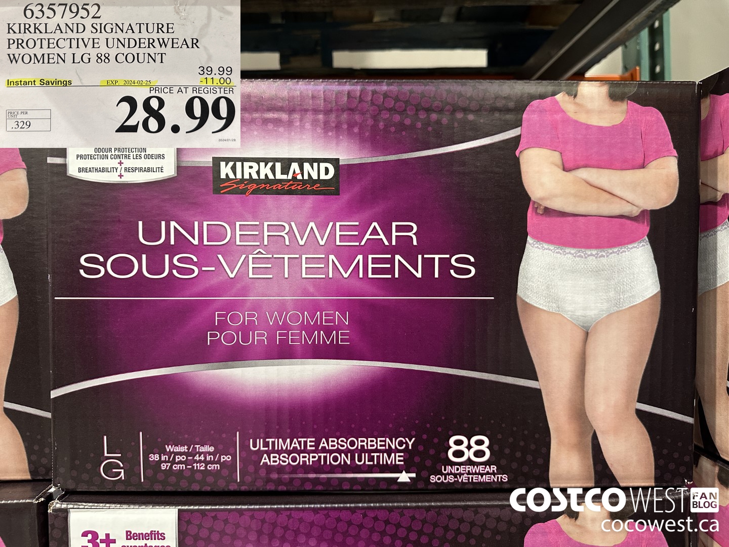 6357952 KIRKLAND SIGNATURE PROTECTIVE UNDERWEAR WOMEN LG 88 COUNT ($11.00 INSTANT SAVINGS EXPIRES ON 2024-02-25) $28.99