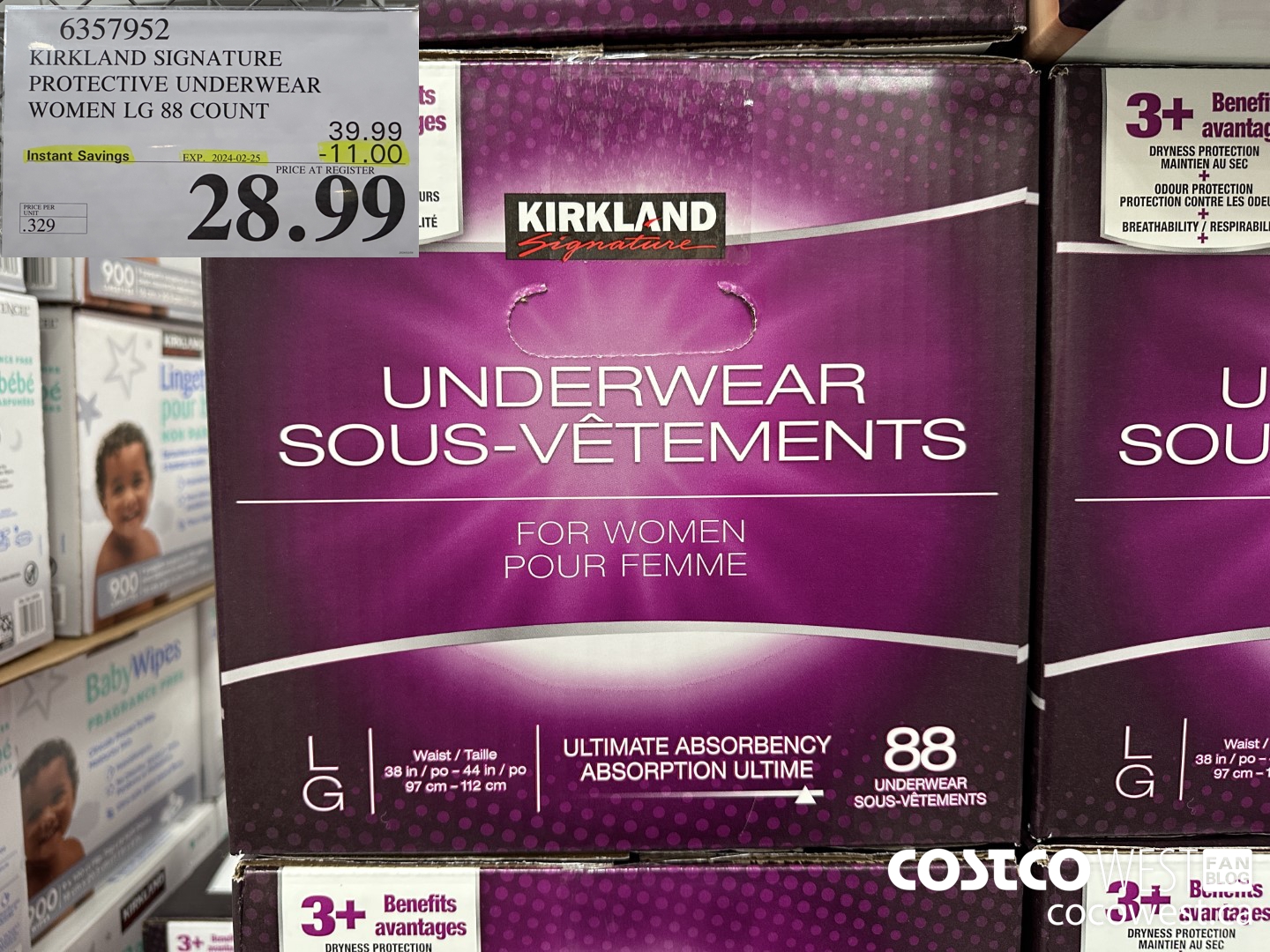 6357952 KIRKLAND SIGNATURE PROTECTIVE UNDERWEAR WOMEN LG 88 COUNT ($11.00 INSTANT SAVINGS EXPIRES ON 2024-02-25) $28.99