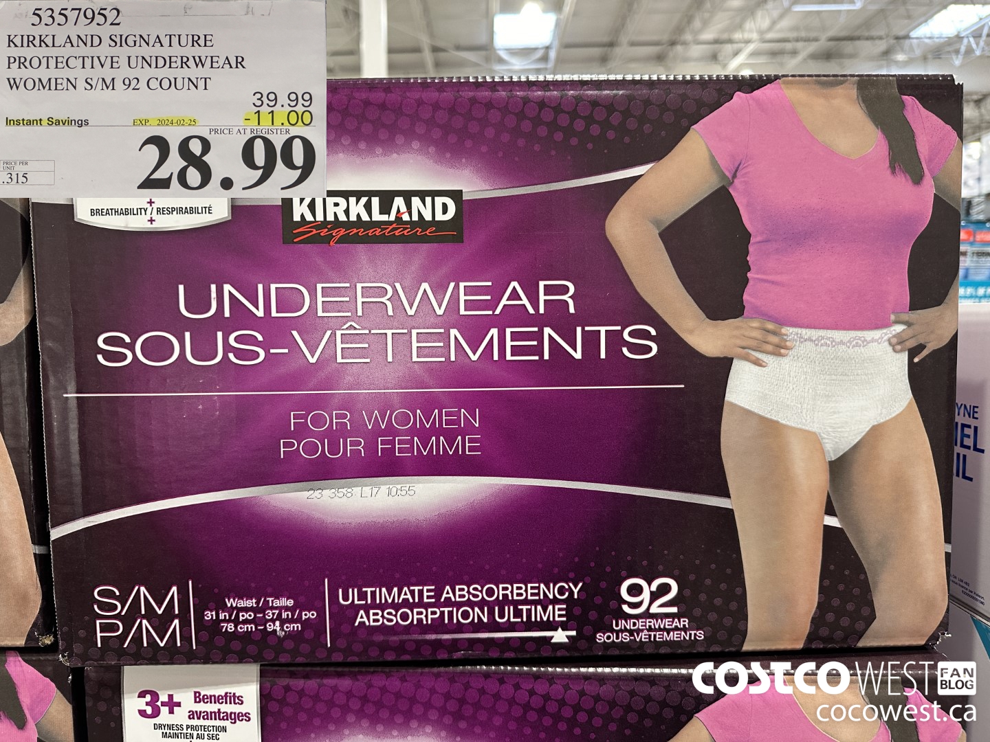 5357952 KIRKLAND SIGNATURE PROTECTIVE UNDERWEAR WOMEN S/M 92 COUNT ($11.00 INSTANT SAVINGS EXPIRES ON 2024-02-25) $28.99
