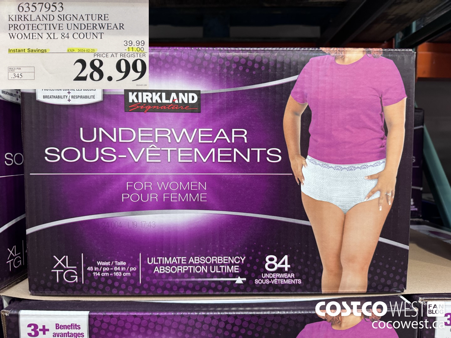 6357953 KIRKLAND SIGNATURE PROTECTIVE UNDERWEAR WOMEN XL 84 COUNT ($11.00 INSTANT SAVINGS EXPIRES ON 2024-02-25) $28.99
