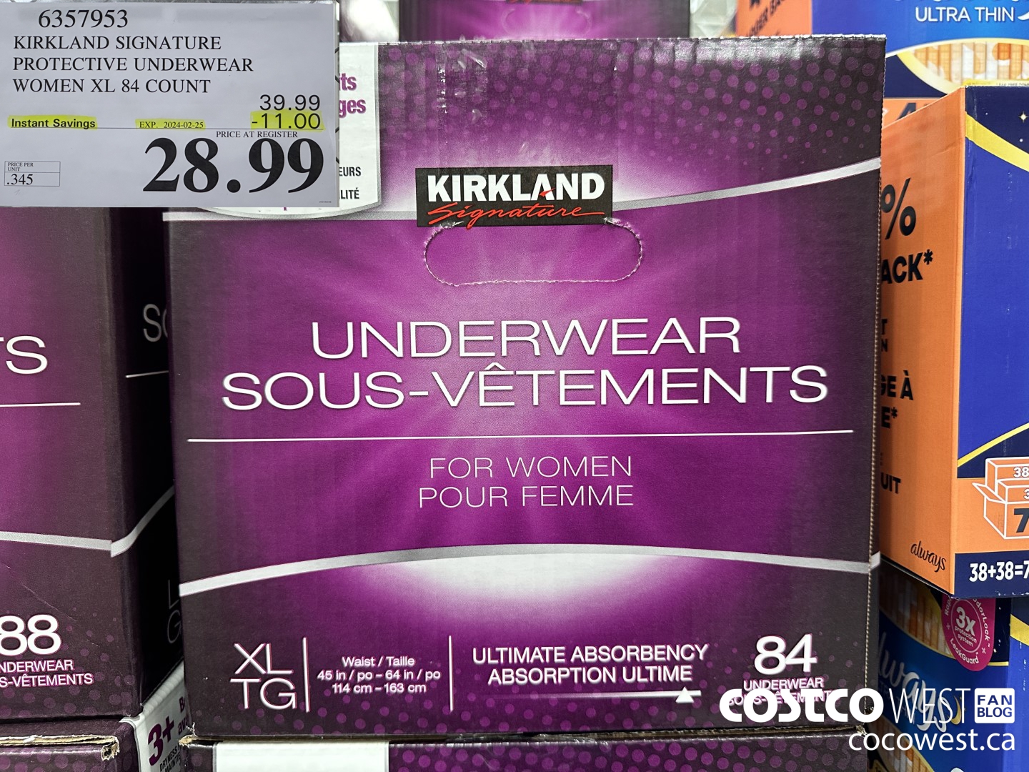 6357953 KIRKLAND SIGNATURE PROTECTIVE UNDERWEAR WOMEN XL 84 COUNT ($11.00 INSTANT SAVINGS EXPIRES ON 2024-02-25) $28.99