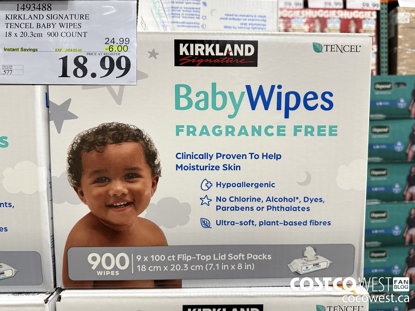 1493488 KIRKLAND SIGNATURE TENCEL BABY WIPES 18 X 20.3 CM 900 COUNT ($6.00 INSTANT SAVINGS EXPIRES ON 2024-03-10) $18.99