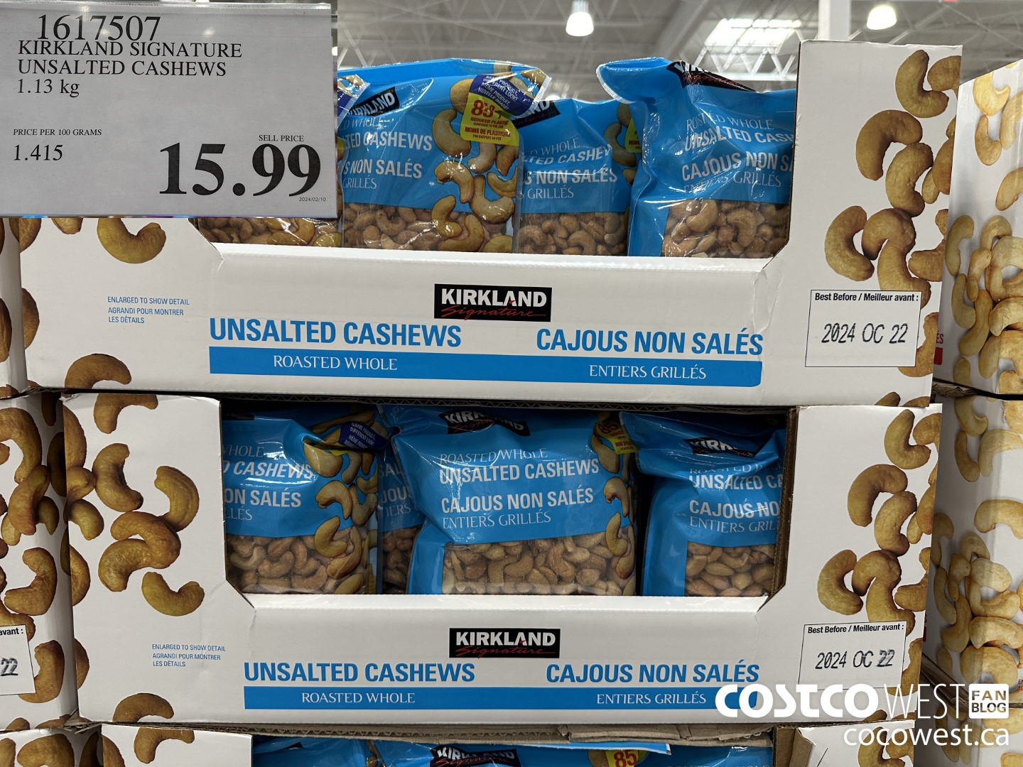 1617507 KIRKLAND SIGNATURE UNSALTED CASHEWS 1.13KG $15.99