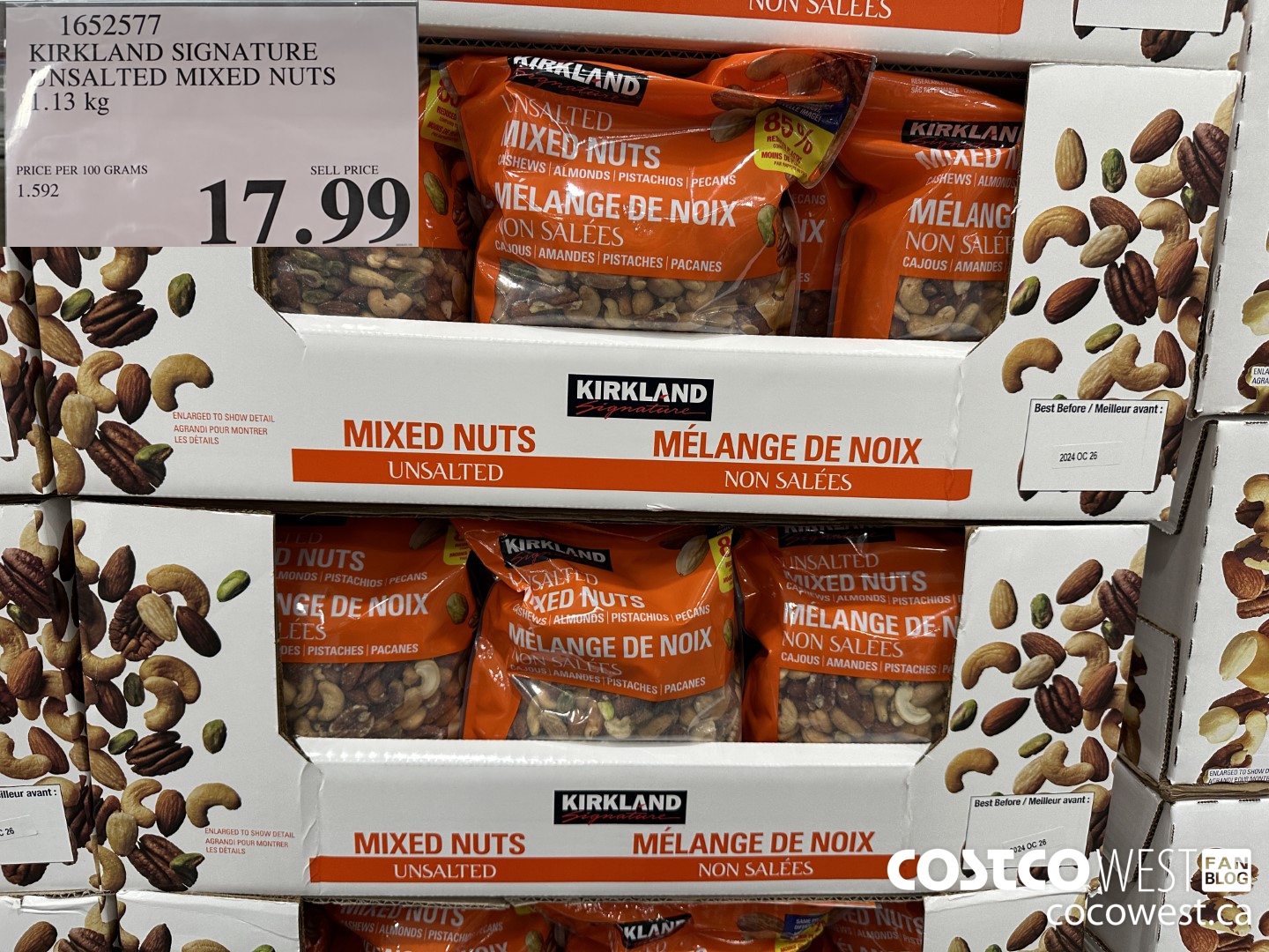 1652577 KIRKLAND SIGNATURE UNSALTED MIXED NUTS 1.13KG $17.99